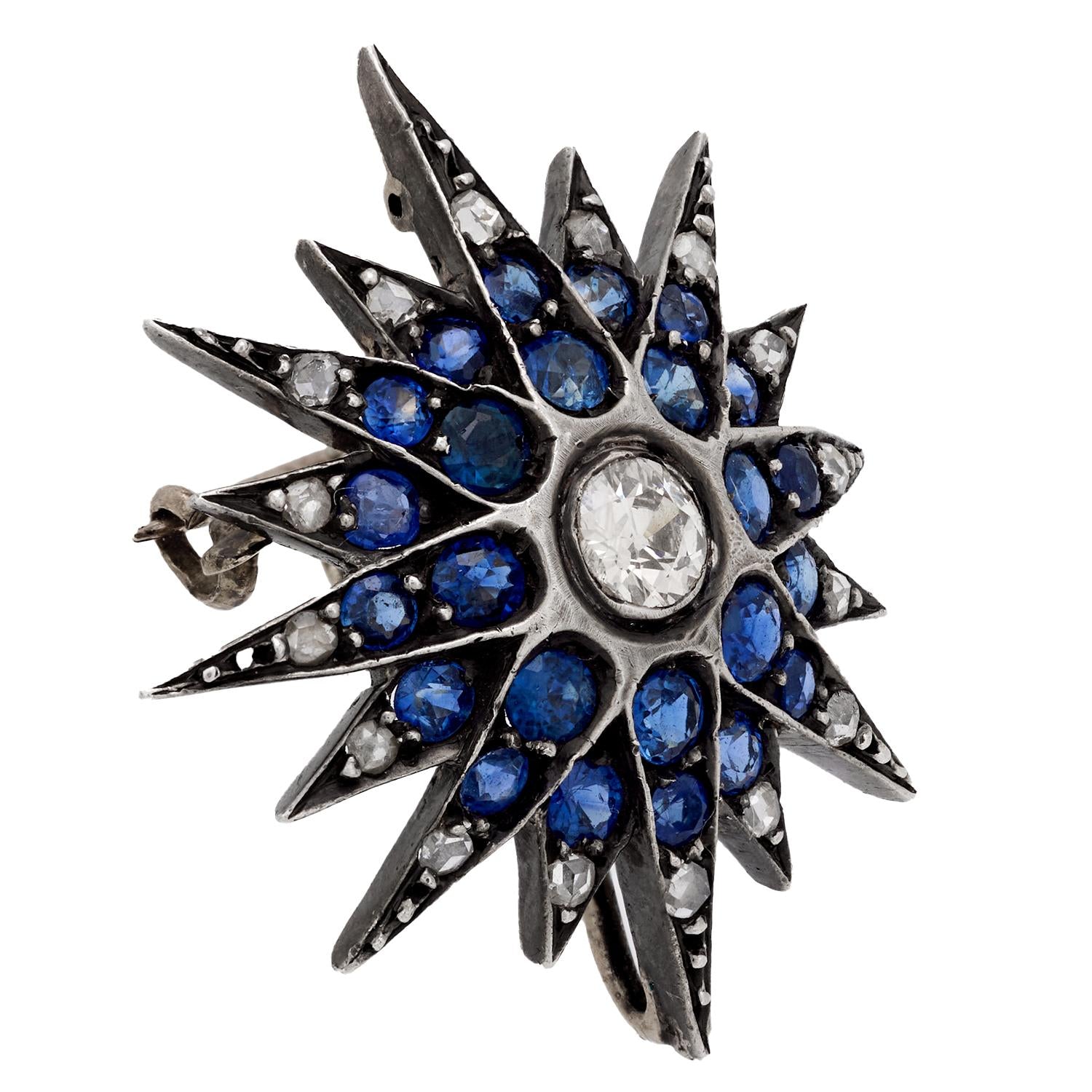 Vintage Edwardian Diamond & Sapphire Silver 10K Yellow Gold Star Brooch - Perfect for Weddings, Antique Jewelry Collectors & Special Occasions