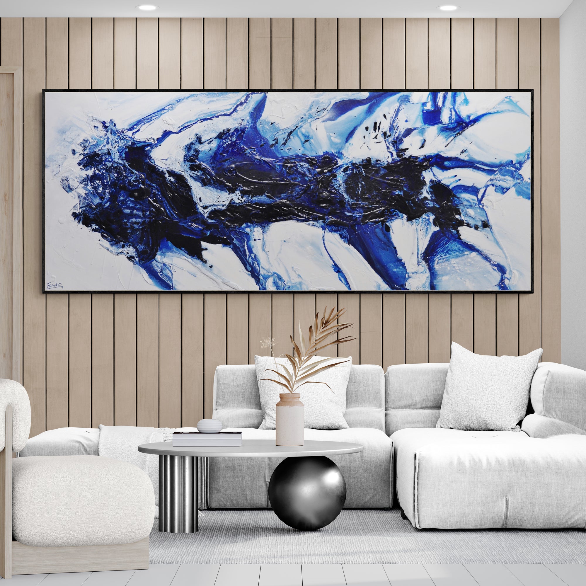 Navy White Textured Abstract Painting 240cm x 100cm - Modern Large Wall Art for Living Room, Bedroom & Office Decor