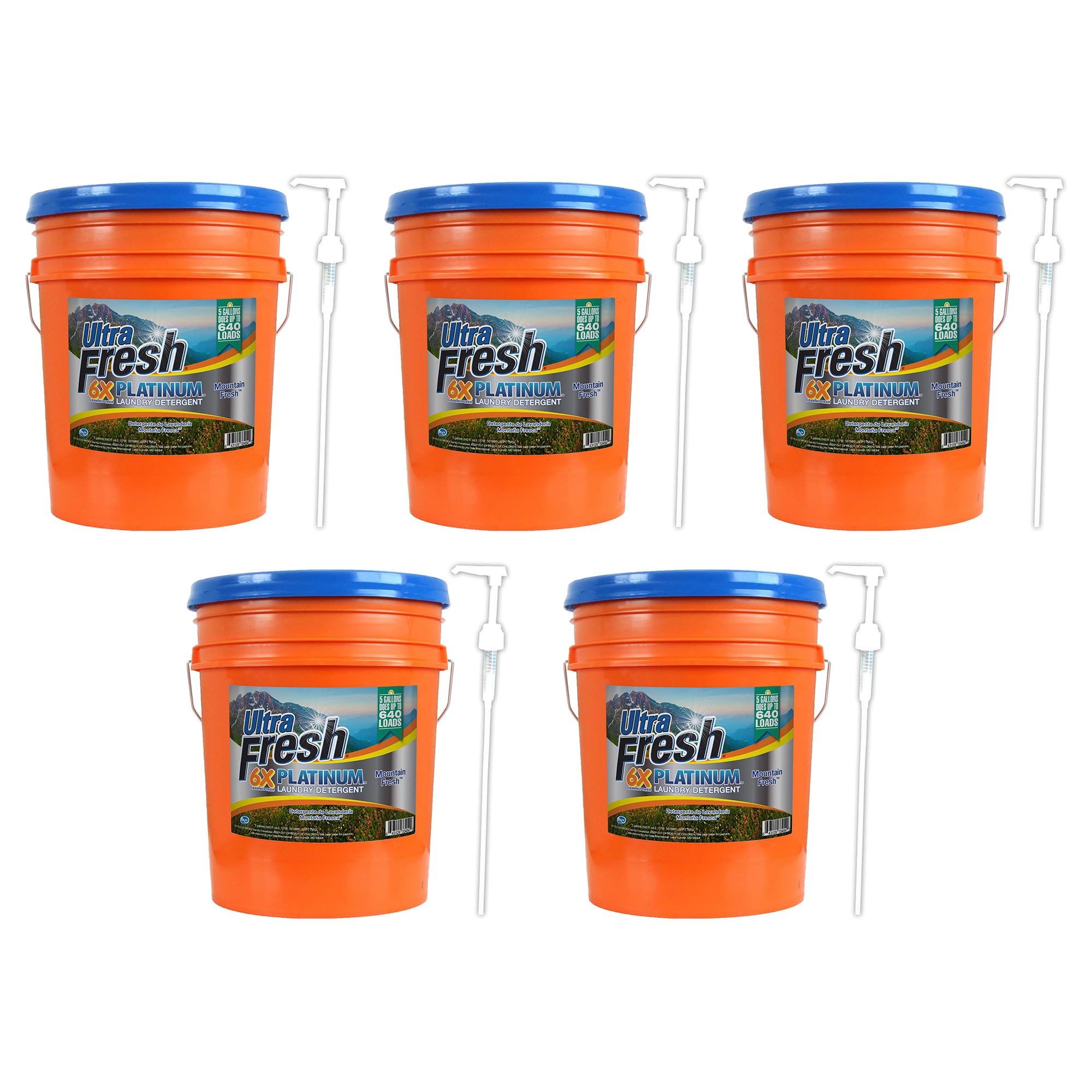 **6X Concentrated Platinum 5 Gallon Laundry Detergent Liquid - Works in All Washing Machines (HE, Top Load, Front Load) with Easy Dispensing Pump - 640 Loads per Jug - Original Blue Scent (5 Pack) - Ideal for Large Families, Laundromats & Commercial Use**