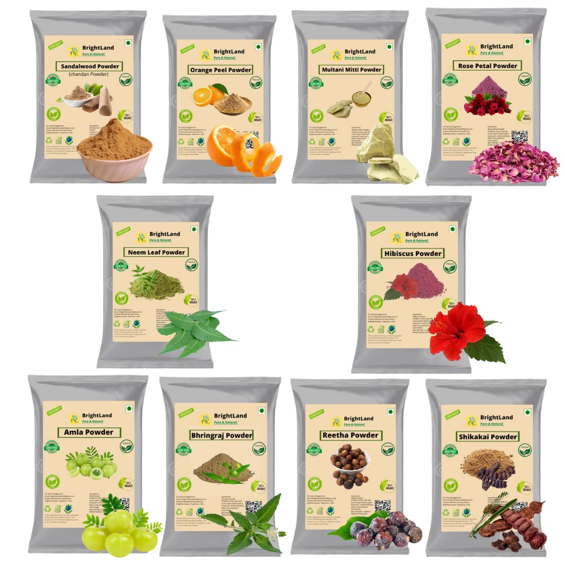 Brightland Multani Mitti Clay Powder with Sandalwood, Orange Peel, Neem, Rose & Herbs - 40g Each (400g Total) | Natural Face Mask & Hair Treatment for Glowing Skin & Strong Hair | DIY Beauty & Ayurvedic Care