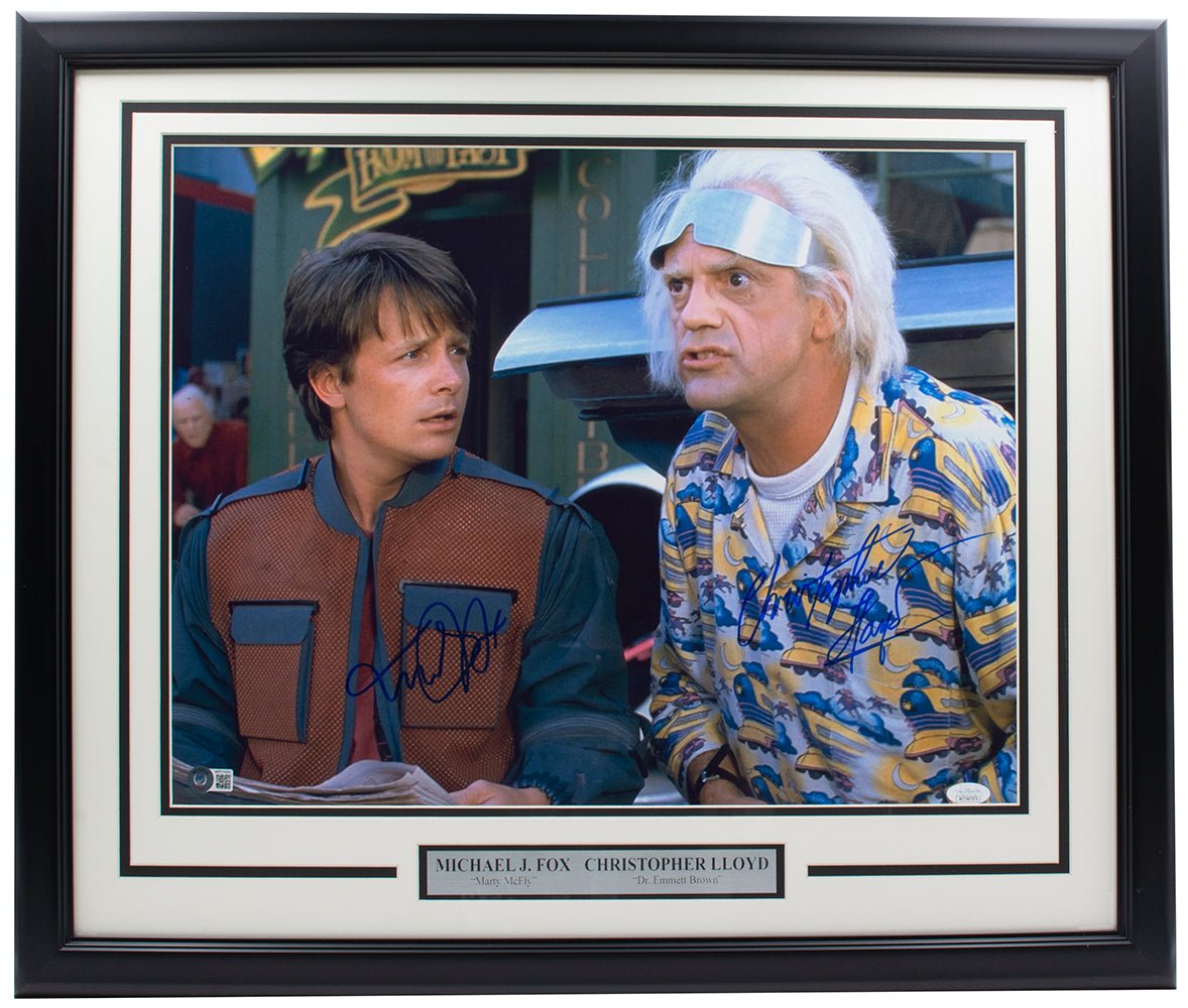 Authentic Michael J. Fox & Christopher Lloyd Signed Framed 16x20 Back to the Future Photo with JSA Certificate - Perfect for Movie Memorabilia Collectors & Home Theater Decor