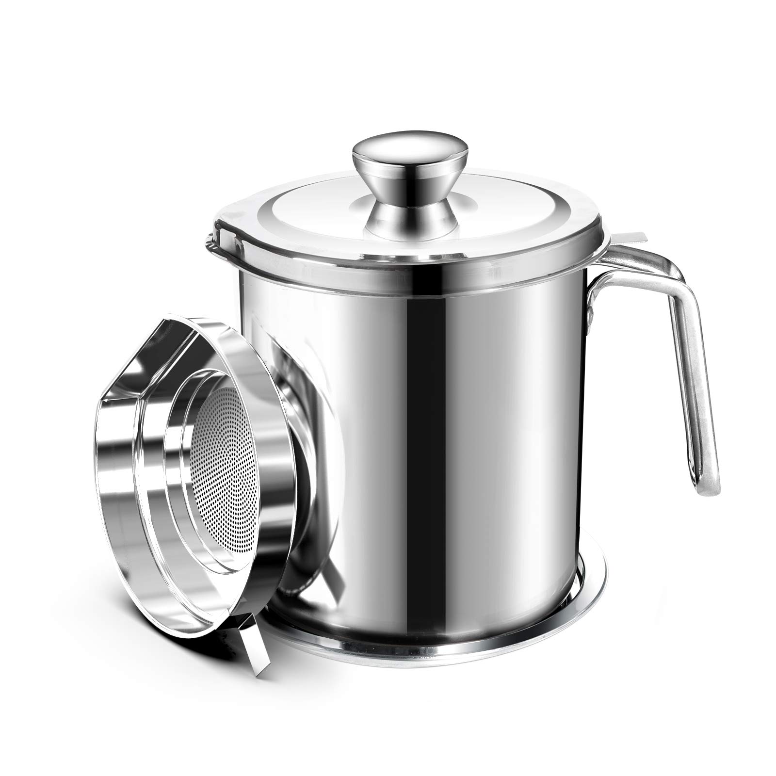 Stainless Steel Oil Strainer Pot & Grease Container - 2L (67.6 fl oz) with Fine Mesh Filter, Dust-Proof Lid & Non-Slip Tray - Perfect for Storing & Filtering Used Cooking Oil, Frying Grease - Ideal for Restaurants, Home Kitchens & Food Trucks