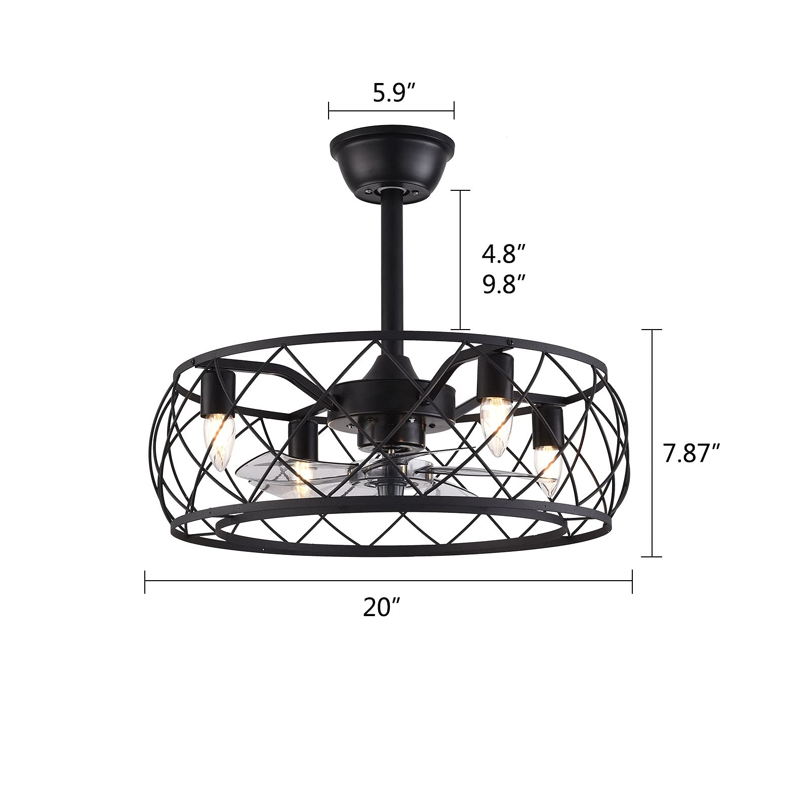 20 Inch Black Industrial Metal Cage Ceiling Fan with Remote Control & Lights - Rustic Style for Living Room, Bedroom, or Office