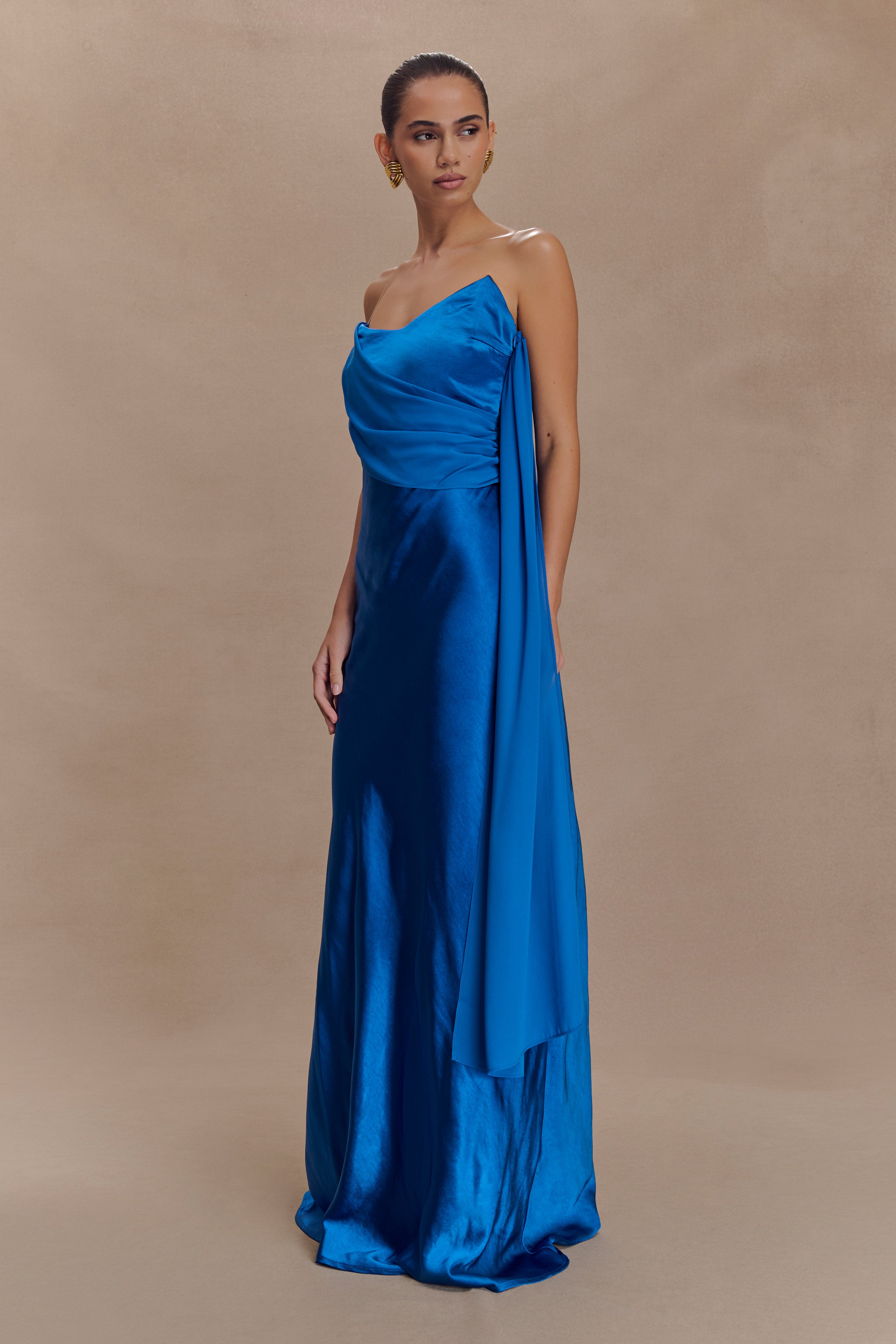 Elegant Carah Satin and Chiffon Maxi Dress in Cobalt Blue - Perfect for Weddings, Parties & Special Occasions