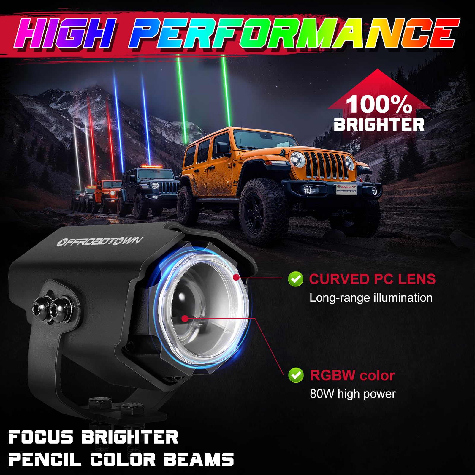 OFFROADTOWN RGBW LED Whip Light with Remote Control - Waterproof Off-Road Light Bar for ATV, UTV, Motorcycle, Truck & Golf Cart - Multi-Color Chase Lighting for Night Riding, Camping & Off-Road Adventures