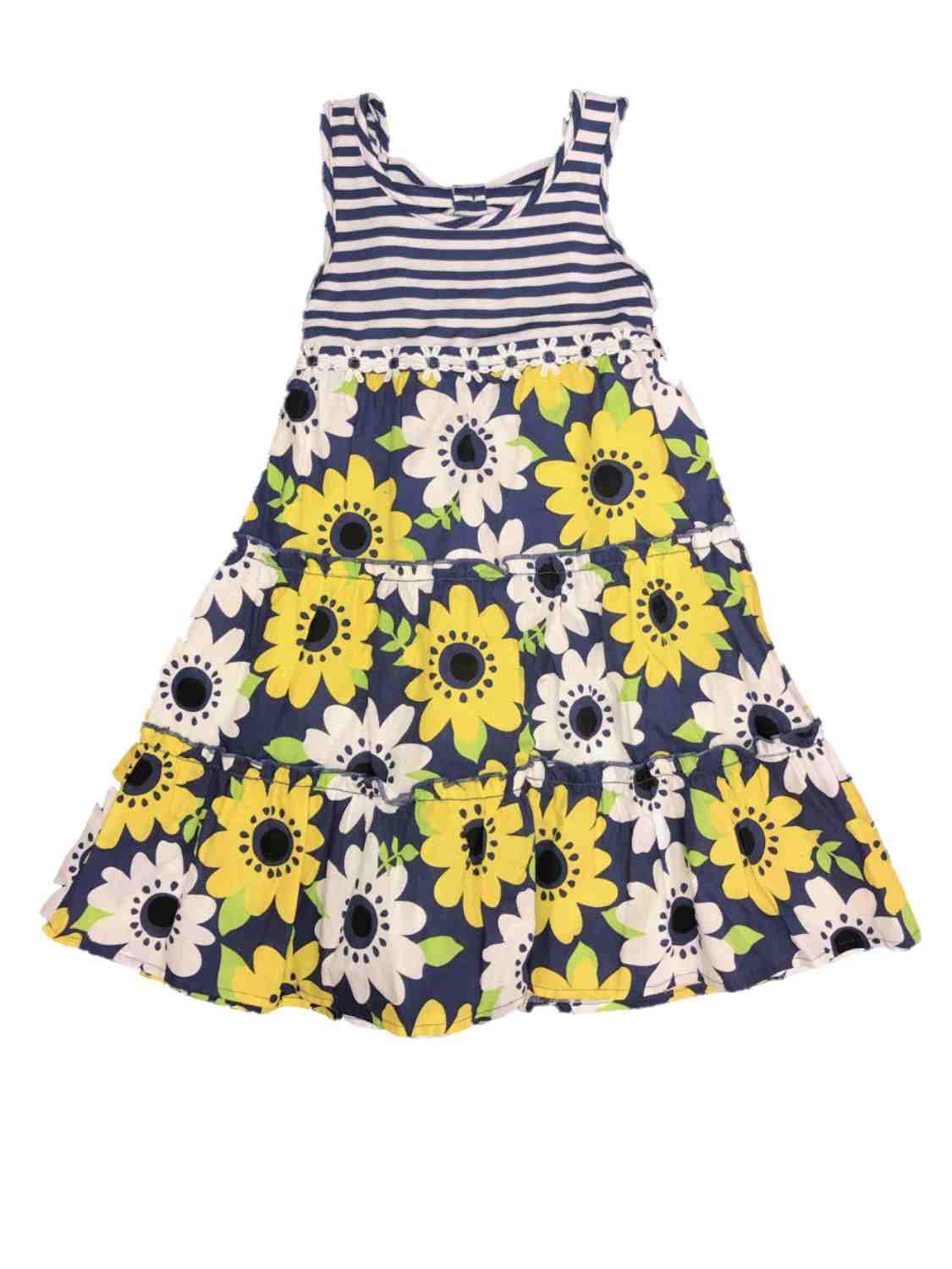 Navy & White Striped Floral Tiered Girls Spring Summer Dress - Perfect for Outdoor Picnics, Beach Vacations & Birthday Parties