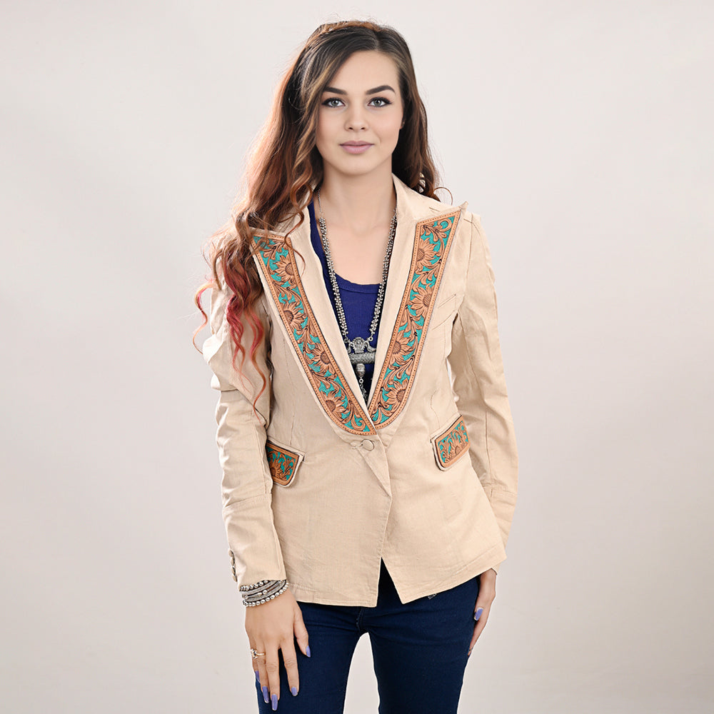 Genuine Leather Hand-Tooled & Hand-Carved Women's Blazer Dress Jacket for Ladies & Girls - Perfect for Office Wear, Formal Events & Special Occasions