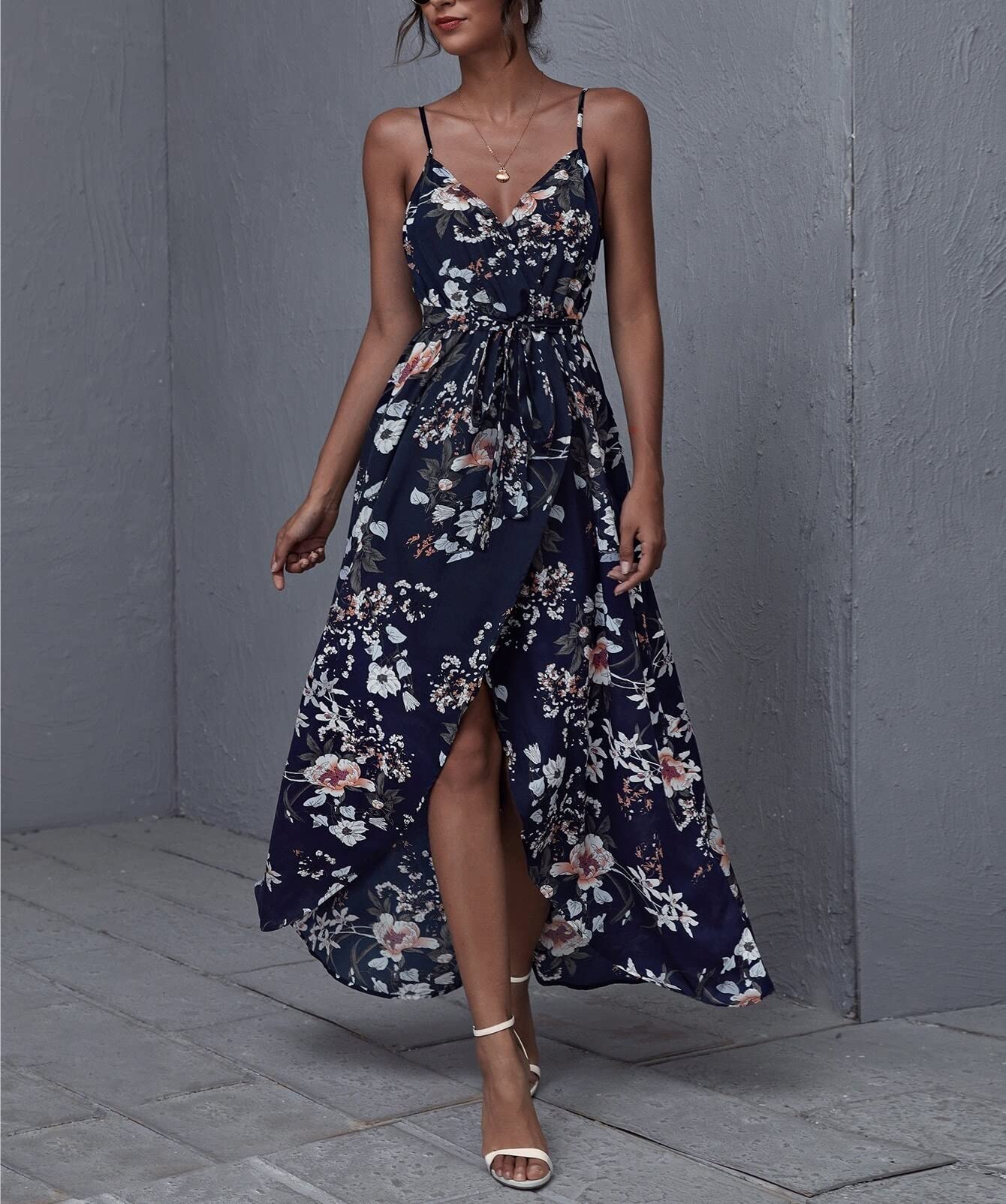 Women's Floral Print Sleeveless Wrap Dress with Belt - Summer Beach Party Casual Cami Dress for Vacation, Date Night & Outdoor Events