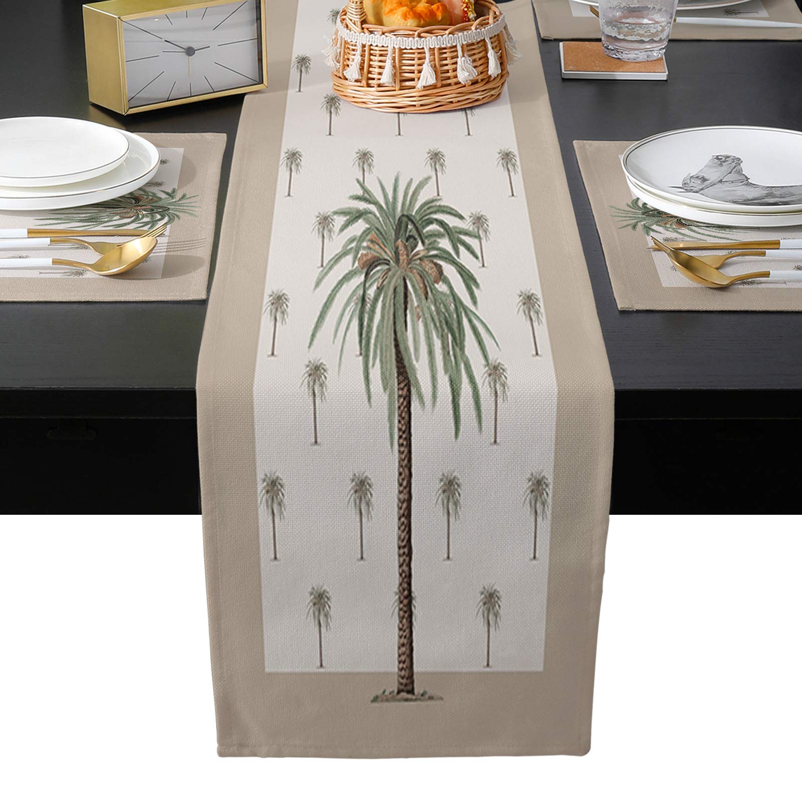 Victories 6-Piece Tropical Palm Tree Table Runner and Placemats Set - 70 Inch Heat-Resistant Cotton Linen Dining Table Runner with Washable Table Mats for Home, Kitchen, Farmhouse & Wedding Decor | Perfect for Dinner Parties, Holiday Gatherings & Tropical-Themed Events