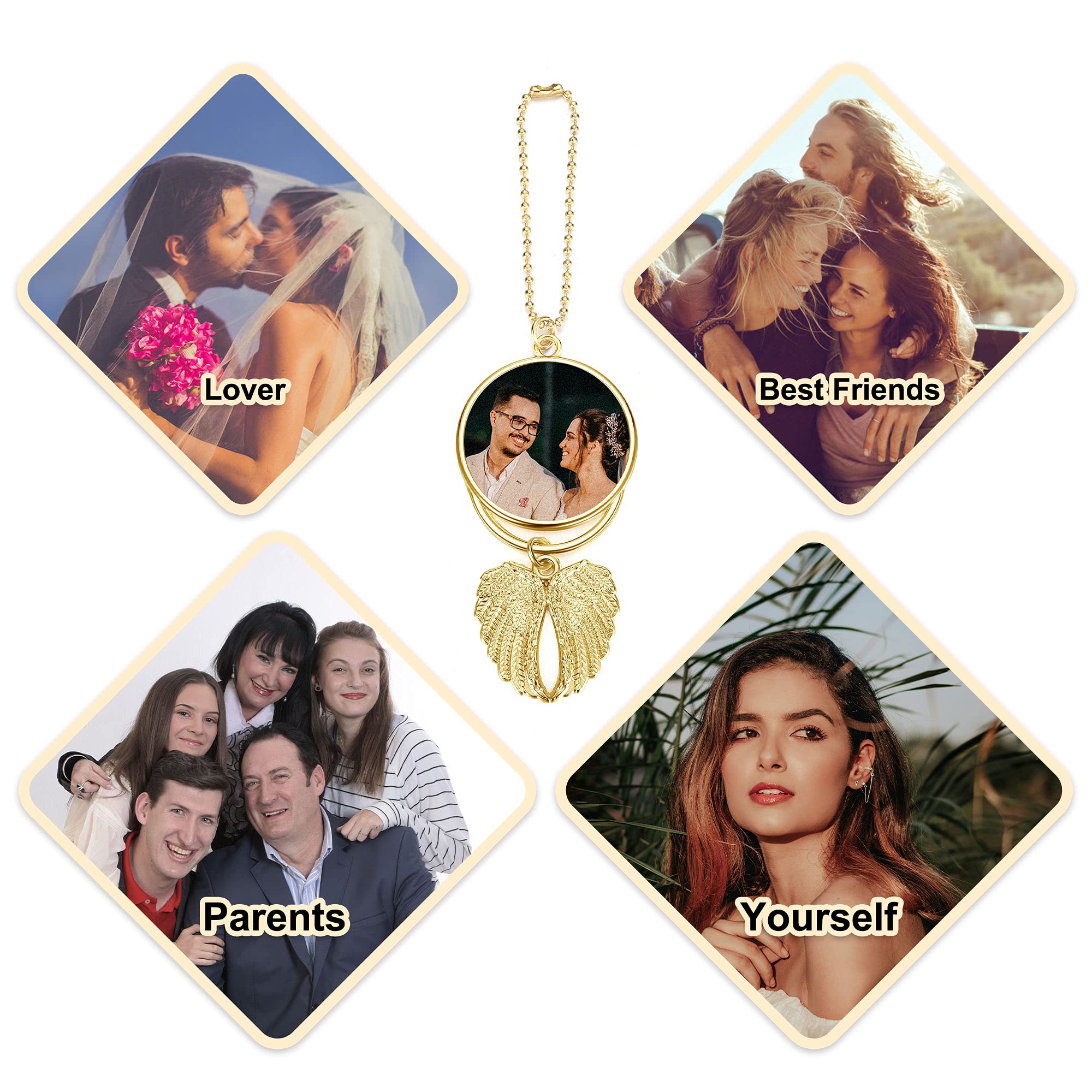 Custom Photo Rearview Mirror Car Charm - Double-Sided Engraved Picture Hanging Ornament with Angel Wings - Personalized Car Accessory Gift for Men & Women - Perfect for Birthdays, Anniversaries & Car Decor