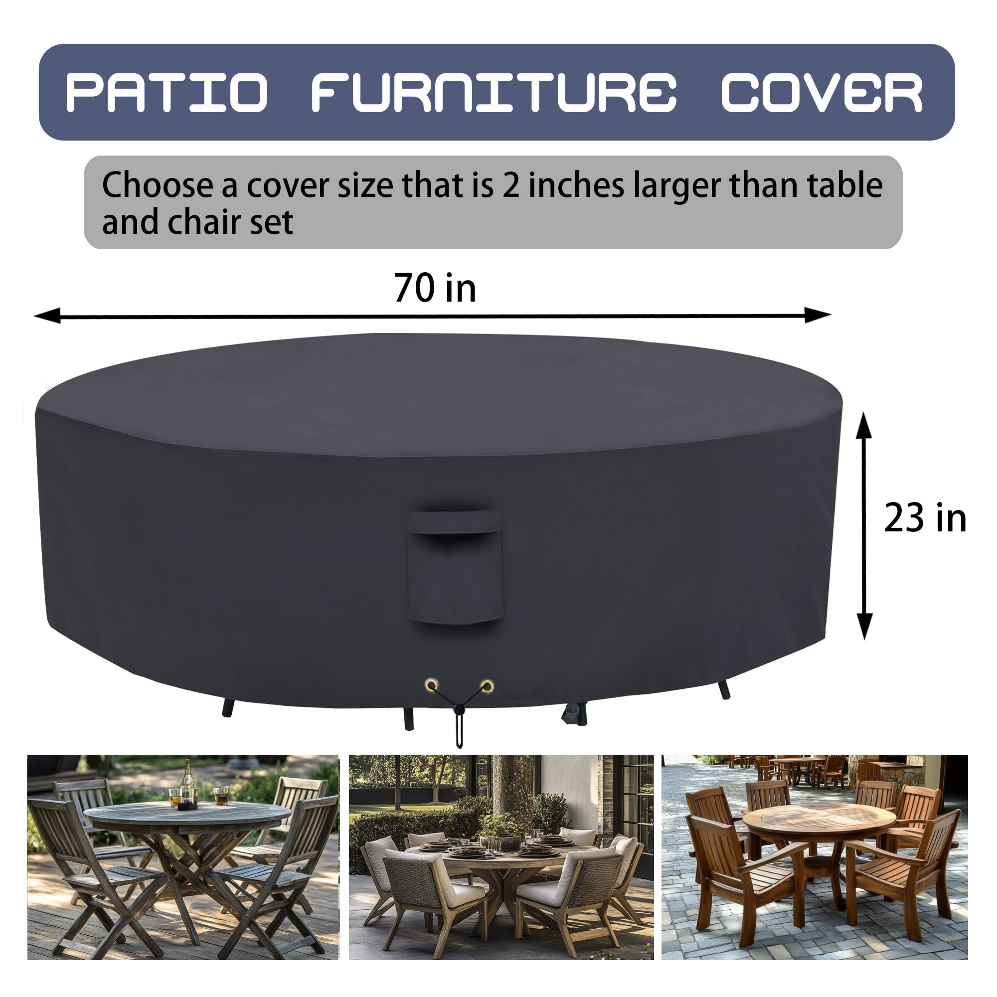 Waterproof 600D Heavy Duty Round Patio Furniture Covers - Outdoor Dining Table and Chairs Set Protector (Grey, 70 x 23in) - Perfect for Backyard, Garden & All-Weather Protection