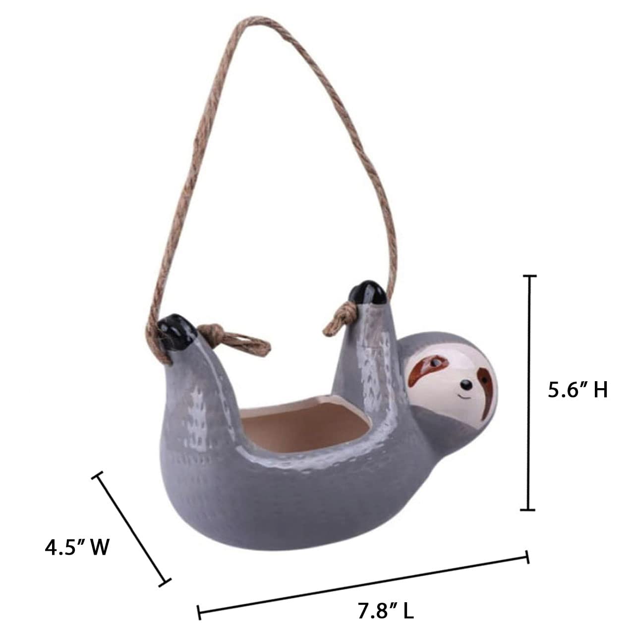 SilverFever Sloth Hanging Planter - Ceramic Succulent & Flower Pot for Indoor/Outdoor Plants - Grey Large Animal Planter for Home Decor, Garden & Patio