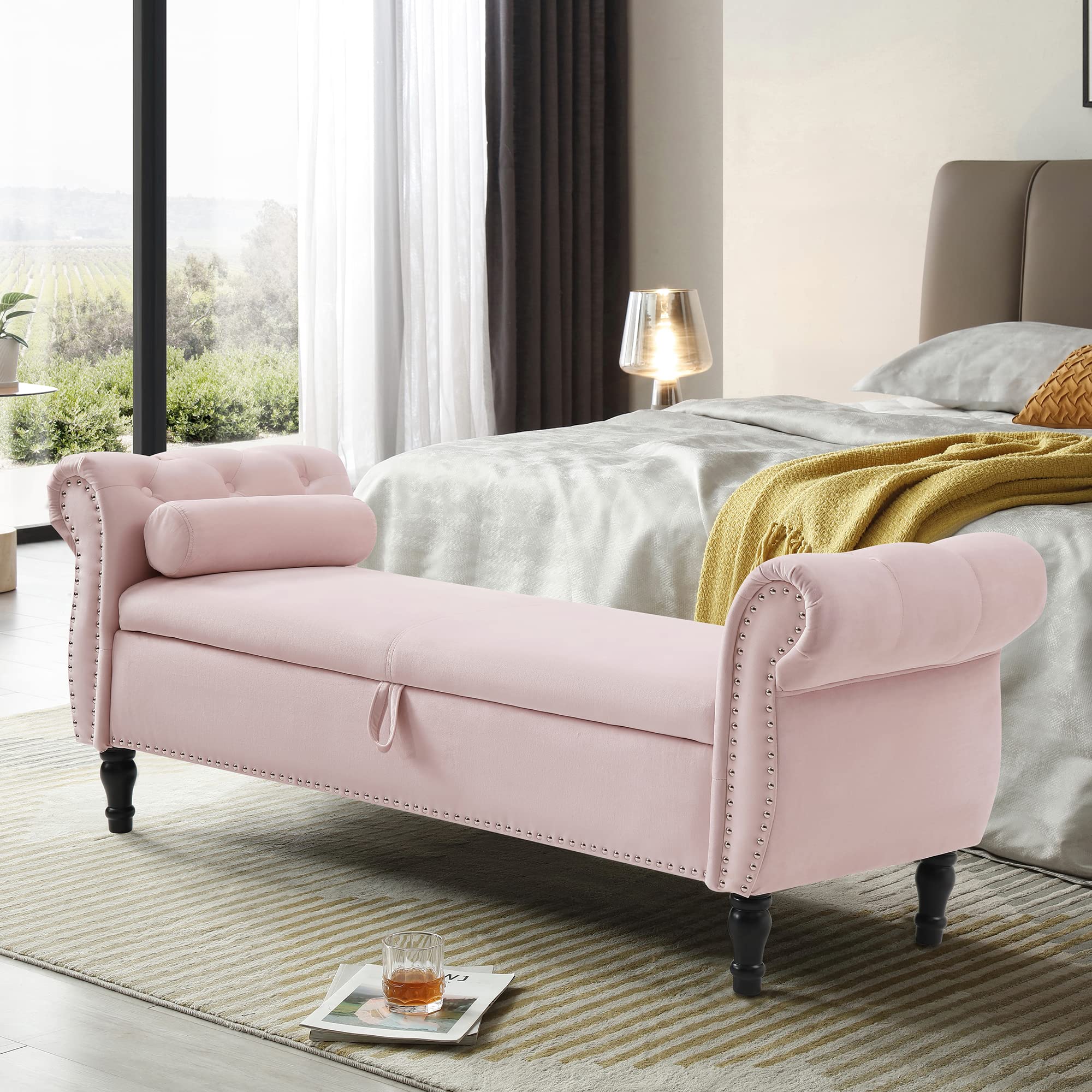 Homtique Velvet Storage Ottoman Bench - Large Tufted Bedroom Seat with Nailhead Trim, Multi-Functional Footstool & Hidden Storage for Living Room, Entryway (Pink) | Perfect for Small Space Organization & Extra Seating