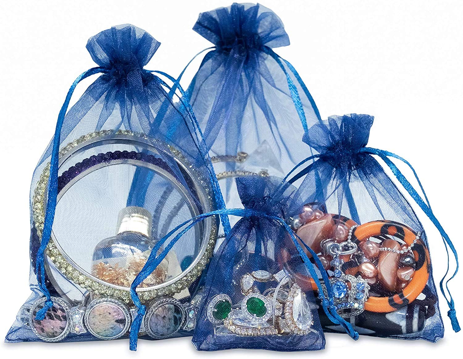 100-Pack Navy Blue Sheer Organza Drawstring Gift Bags 2x2.75