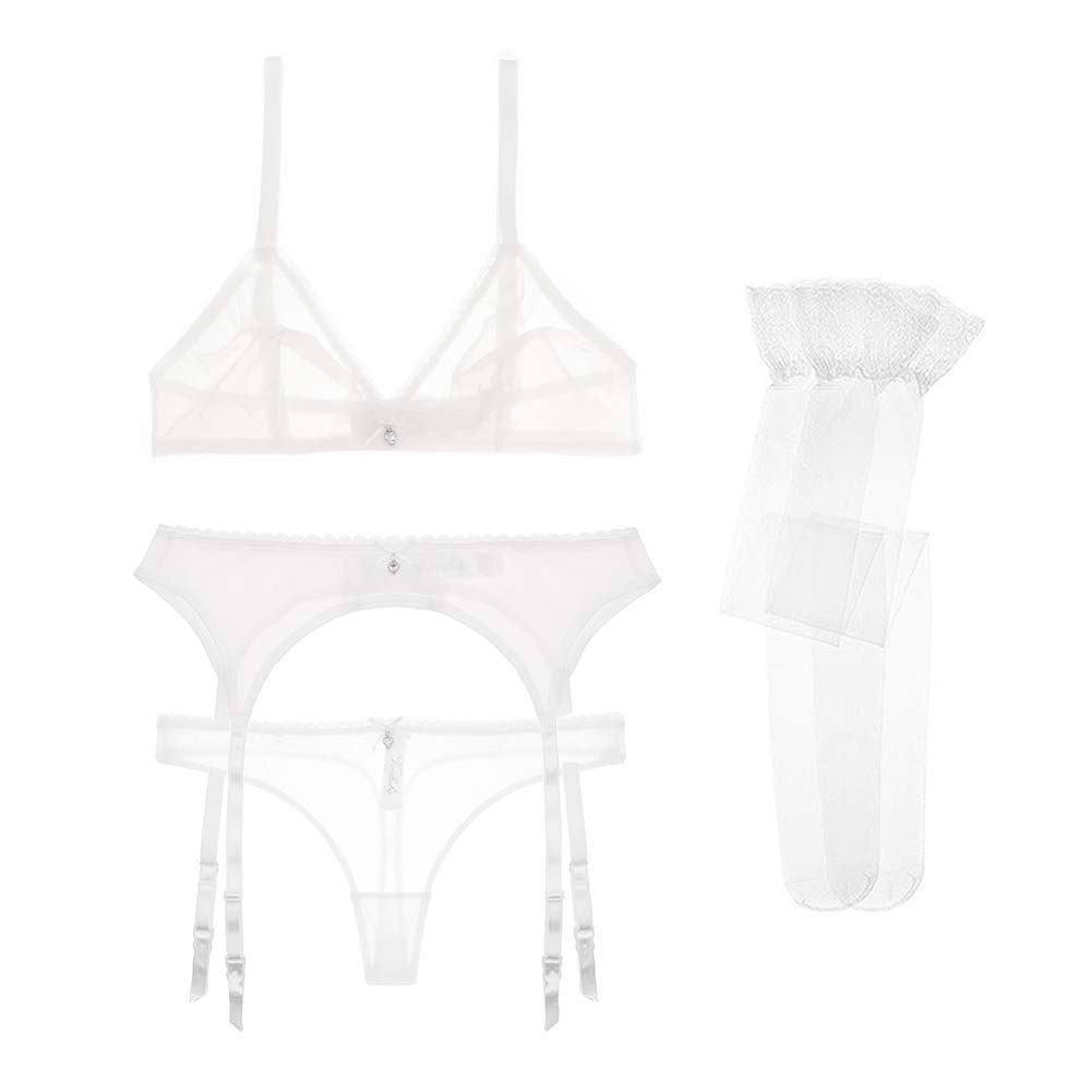 Sexy Sheer Unlined Bra & Panty Set with Garter Belt & Stockings - 4 Piece Transparent Lingerie for Sensual Nights & Special Occasions
