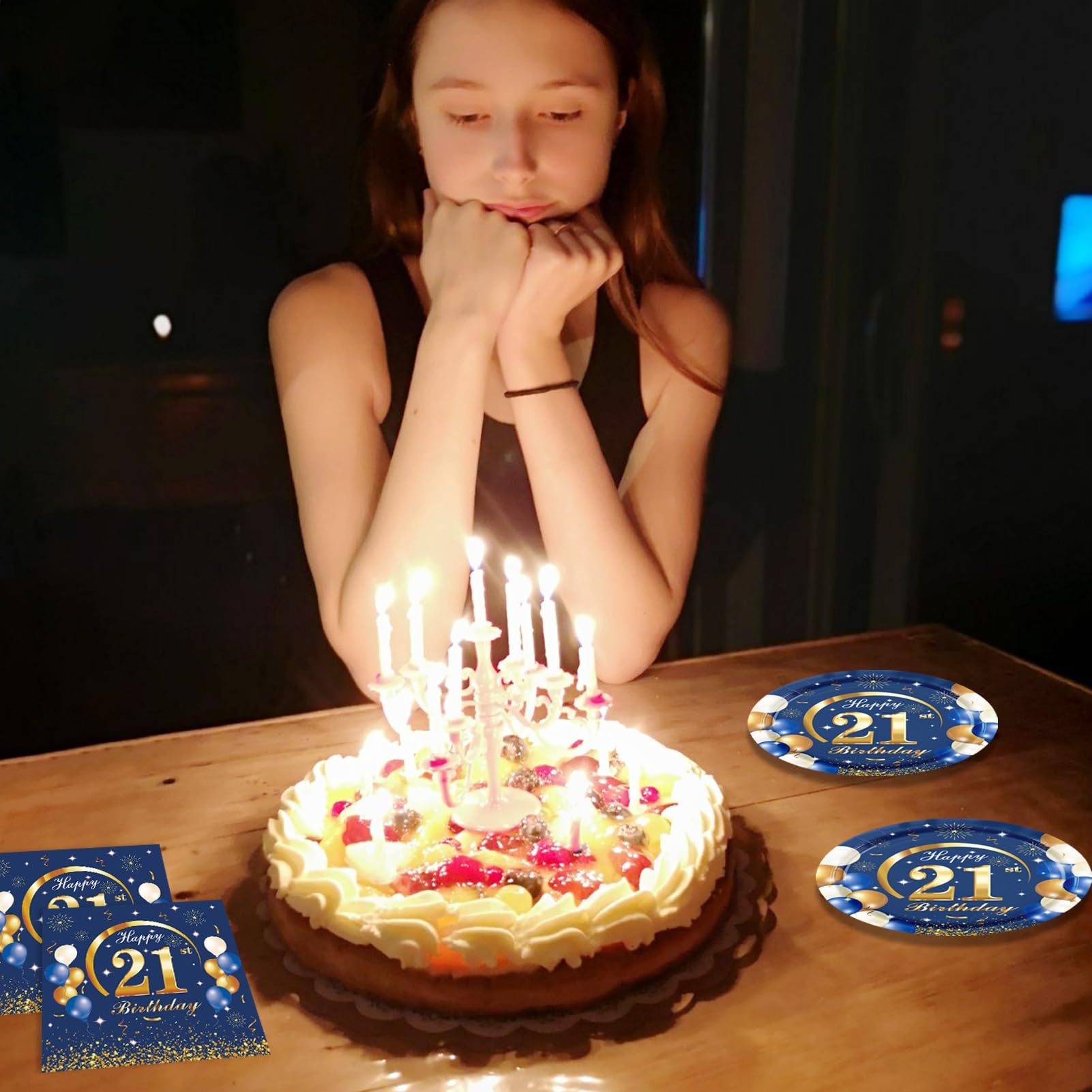 **21st Birthday Party Supplies - Navy Blue & Gold Decorations Set (Plates, Napkins, Banners) for Men, Women, Boys & Girls - Perfect for 21st Birthday Celebrations, Milestone Parties & Adult Themed Events**