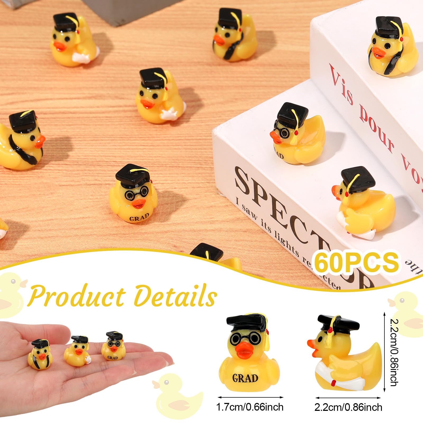 60 Pcs Mini Graduation Resin Ducks with Caps - Bulk Yellow Grad Duck Decorations for Graduation Parties, Gifts & Keepsakes (3 Styles) - Perfect for Graduation Centerpieces, Cake Toppers & Goodie Bag Fillers