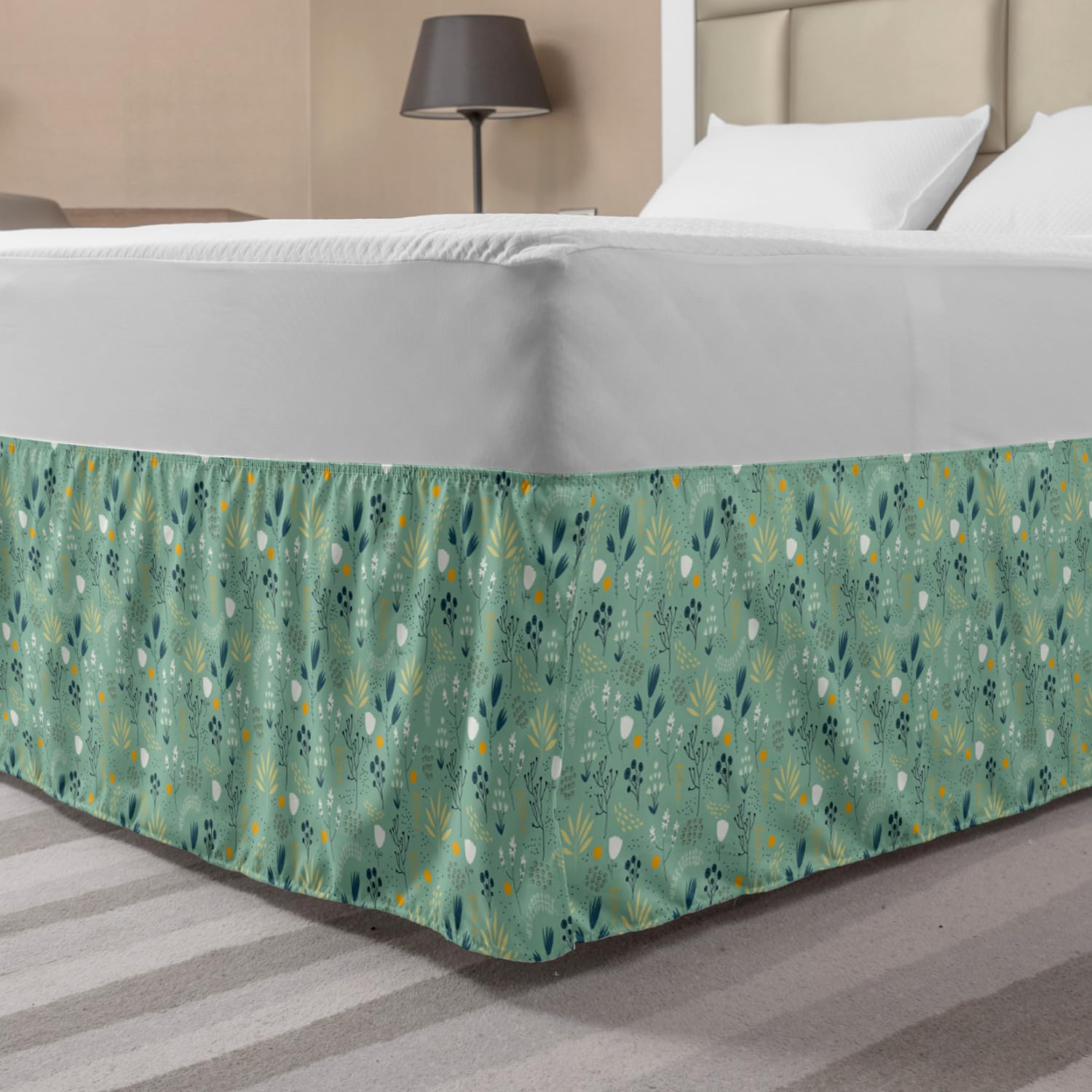 Ambesonne Floral Bed Skirt - King Size Spring Summer Leaf Tulip Petal Design Wrap Around Elastic Gathered Bedroom Decor in Turquoise Teal Marigold | Perfect for Guest Rooms, Master Bedrooms & Vacation Homes