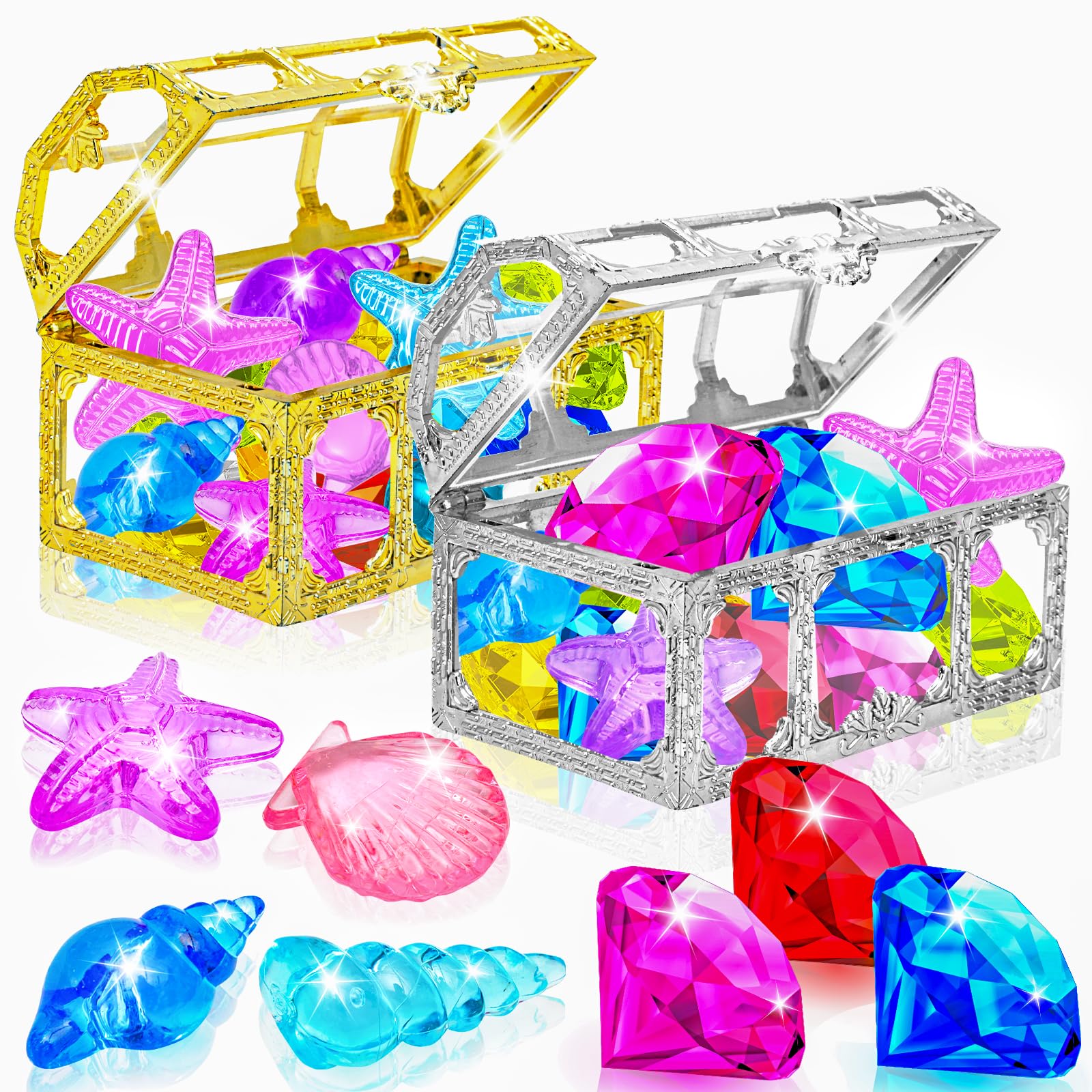 MGparty 24pcs Colorful Diving Gem Pool Toys Set with Pirate Treasure Box - Underwater Swimming Toys for Kids, Boys & Girls - Perfect for Pool Games, Summer Water Play & Treasure Hunt Activities