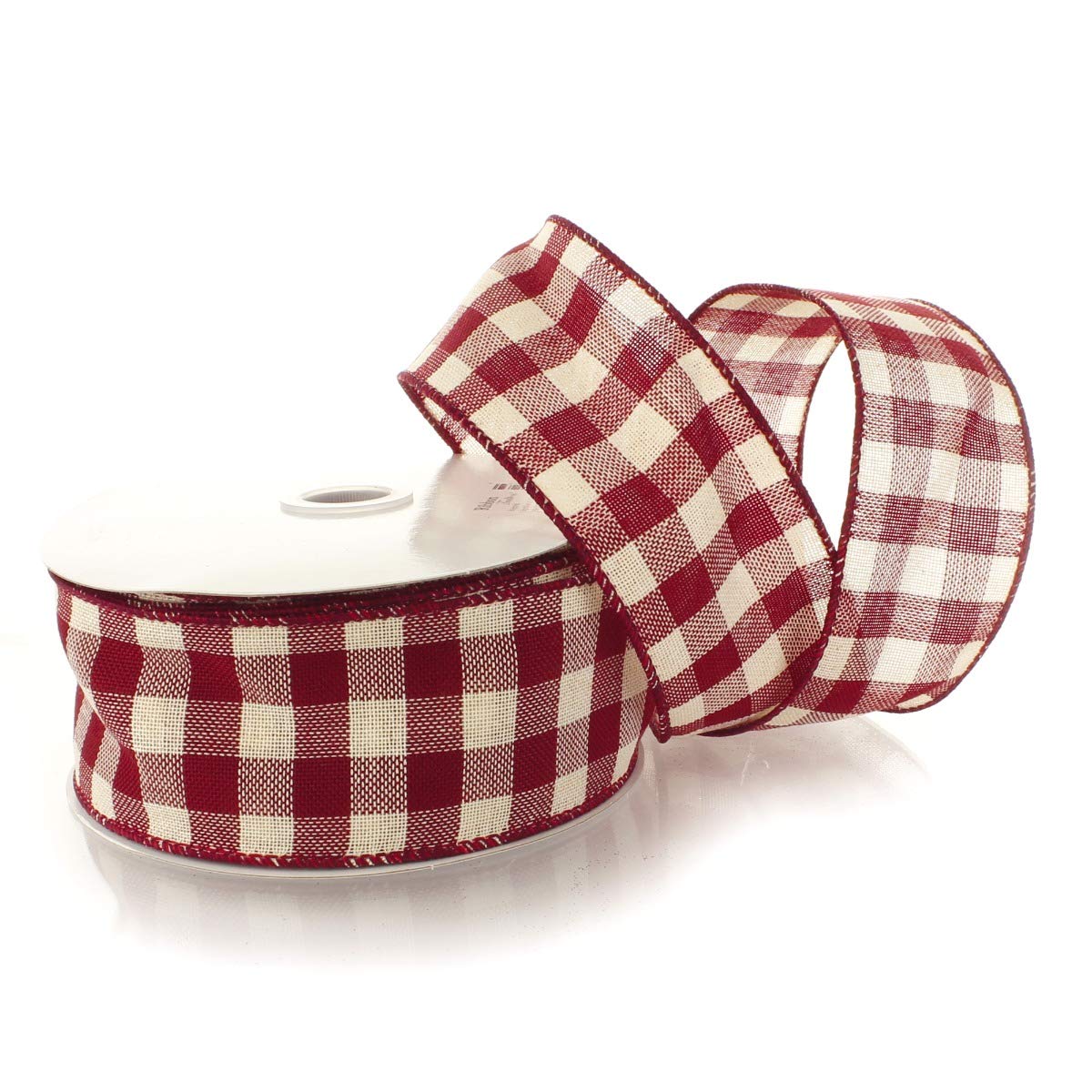 Fall Gingham Plaid Burgundy/Cream Wired Ribbon - 2.5