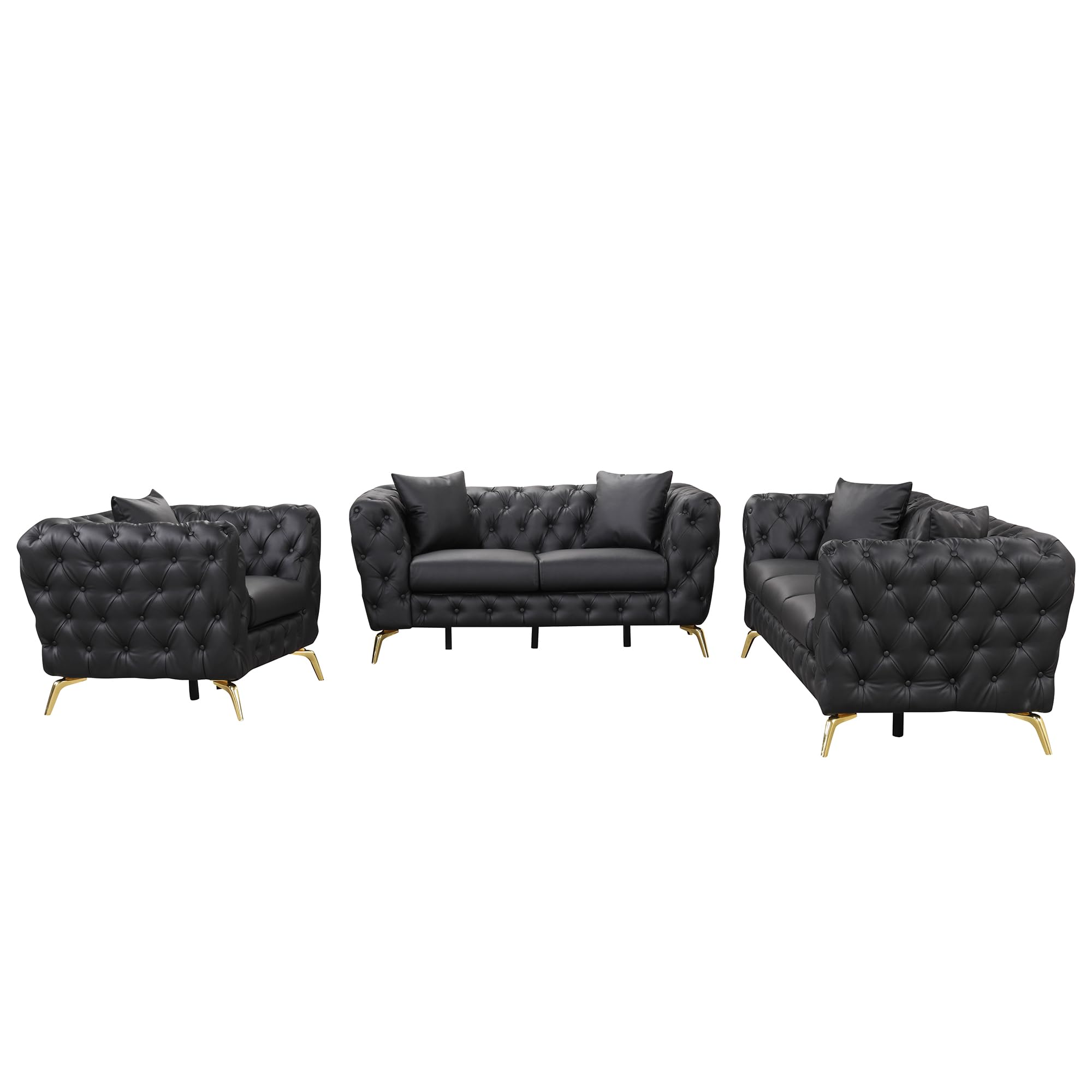 Modern 3-Piece Sofa Set with Sturdy Metal Legs & Button Tufted Back - PU Upholstered Living Room Furniture (Sofa, Loveseat & Chair) - Black - Perfect for Small Spaces, Apartments & Cozy Home Decor