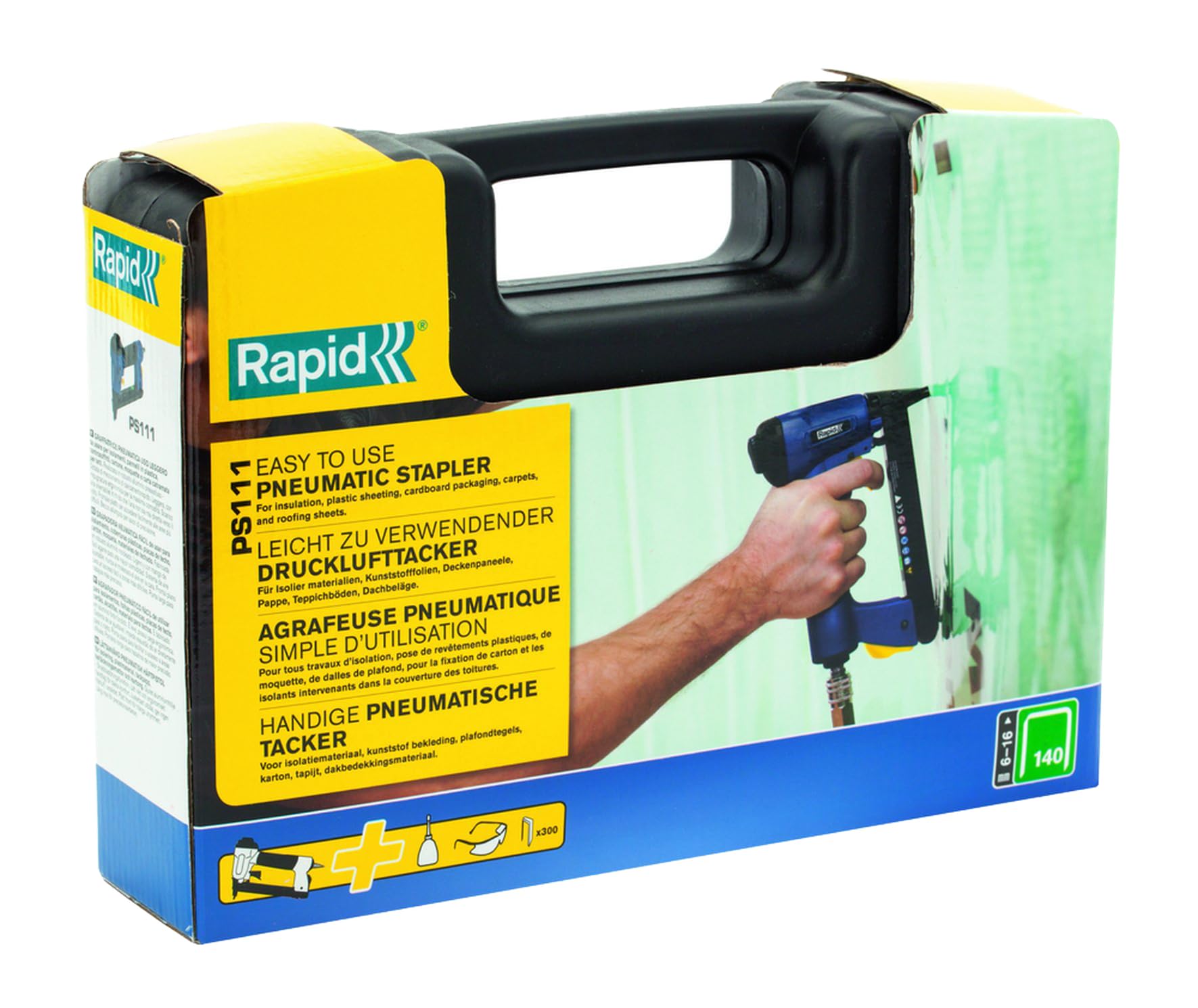 Rapid PS111 Pneumatic Stapler for No. 140 Staples - Quick Reload, Adjustable Air Exhaust, Includes Carry Case & 300 Staples (5000052) - Blue | Ideal for Woodworking, Upholstery, and DIY Projects