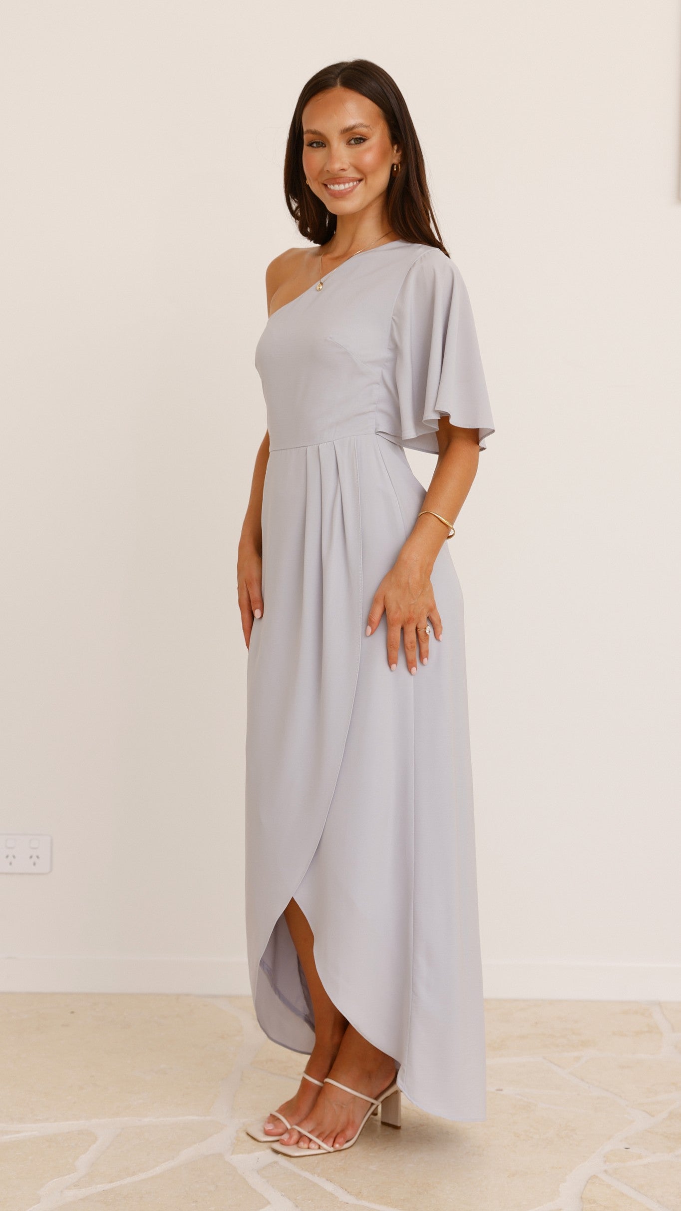 Emma One Sleeve Maxi Dress - Light Grey | Elegant Women's Long Sleeve Evening Gown for Party, Wedding & Special Occasions