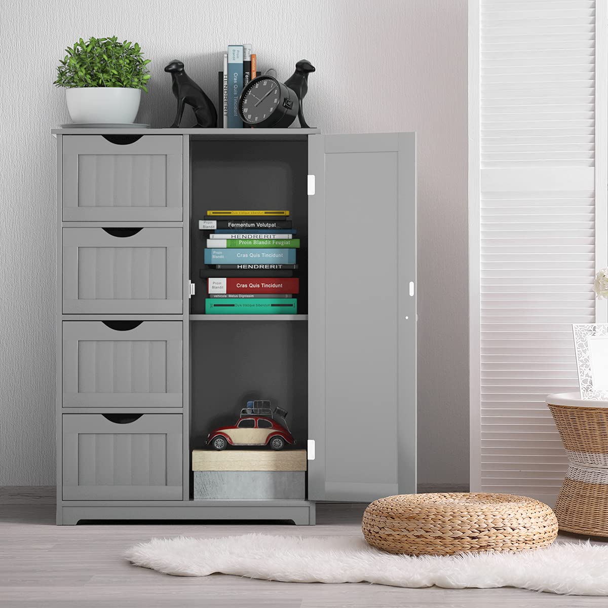 Giantex 4-Drawer Bathroom Storage Cabinet with Cupboard & Adjustable Shelf - Anti-Tip Floor Cabinet for Bathroom, Entryway, Living Room Organization (Gray) | Space-Saving Storage Solution for Towels, Toiletries & Home Essentials