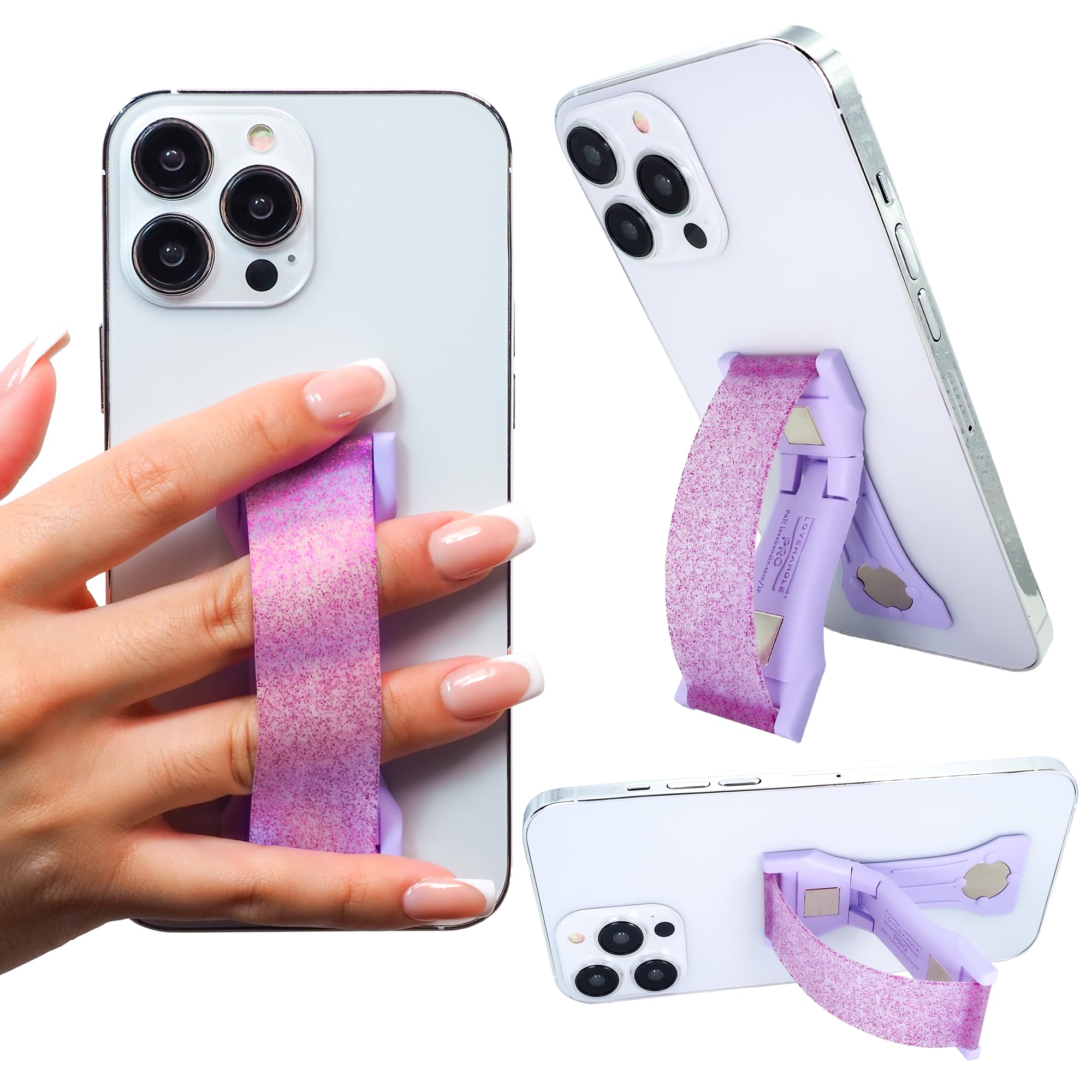 LOVEHANDLE PRO Premium Phone Grip - Magnetic Phone Holder & Kickstand for iPhone, Samsung, Smartphones & Tablets - Amethyst Glitter Silicone Strap - Perfect for Driving, Workouts & Hands-Free Use