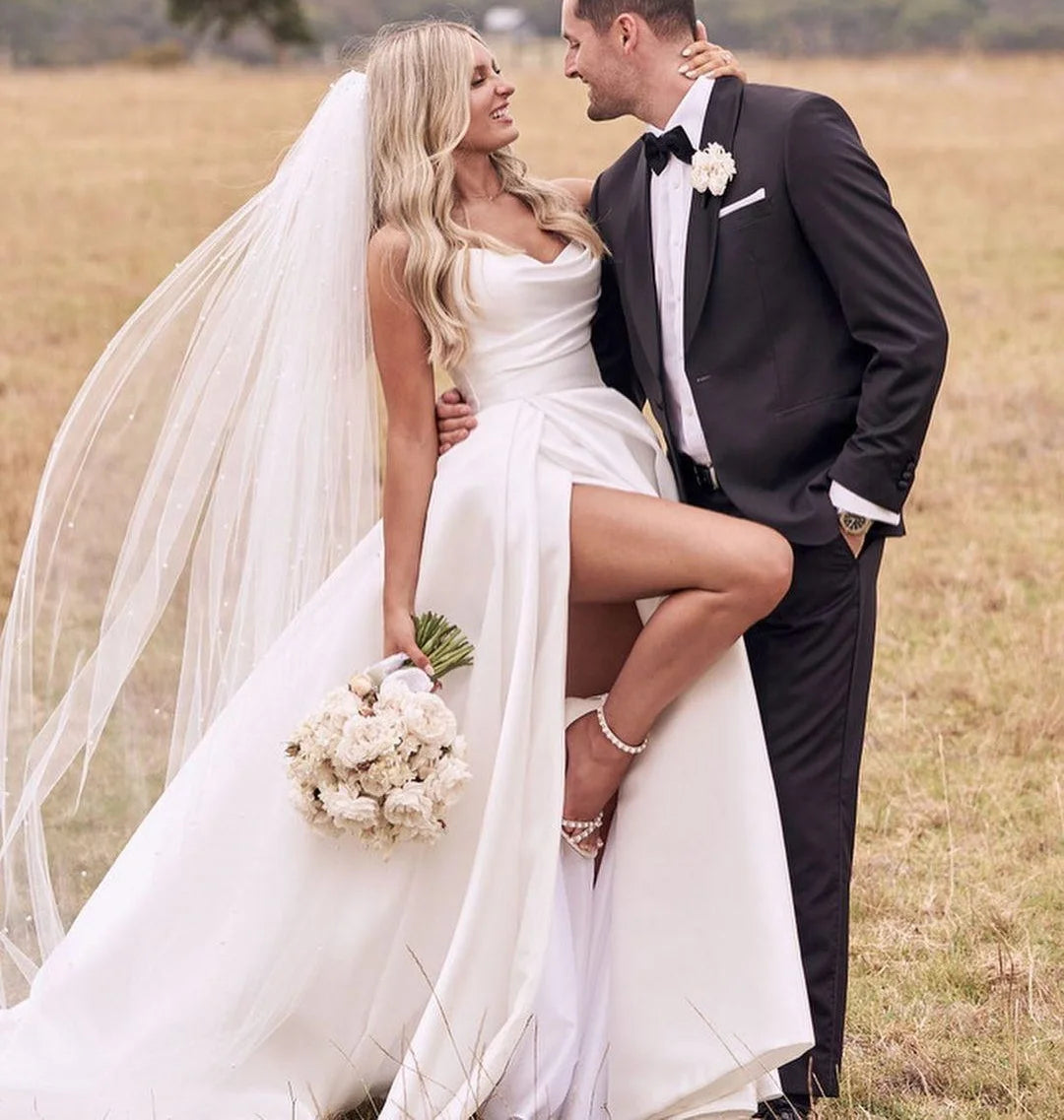 Elegant Soft Satin Strapless Sleeveless Mermaid Vintage Sweep Train Flower Wedding Dress - Perfect for Bridal, Prom, Evening Gala & Formal Occasions
