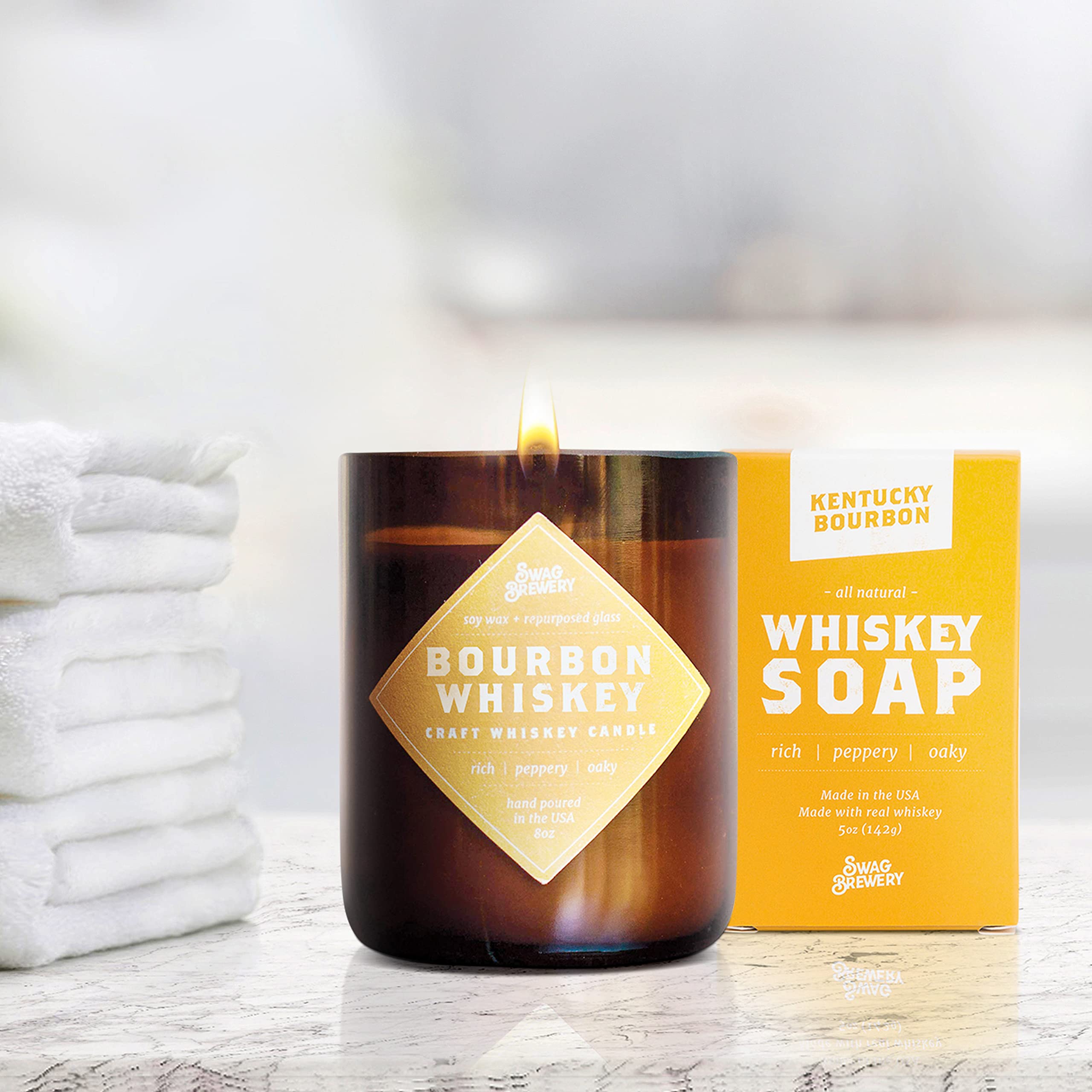 Premium Bourbon Whiskey Scented Candle & Soap Set - Handcrafted in USA - Home Decor, Relaxation Gift for Men & Women - Perfect for Romantic Dinners, Spa Nights & Cozy Evenings