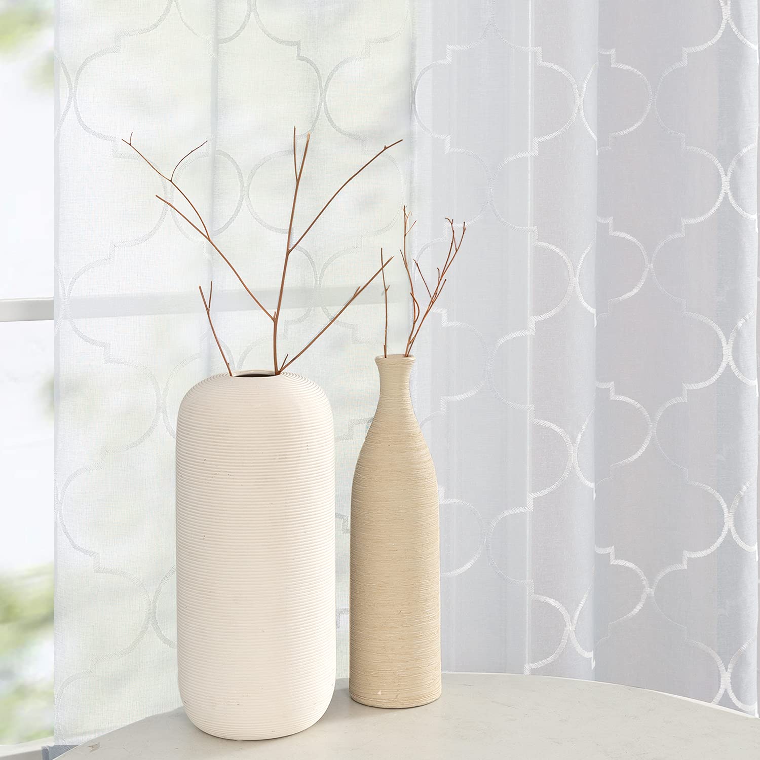White Sheer Curtains for Living Room & Bedroom - Moroccan Tile Embroidered Window Drapes with Lattice Geometric Quatrefoil Design, Semi-Sheer Panels (Set of 2, 55x63 Inches) - Perfect for Boho Home Decor, Apartment Windows, and Cozy Interior Styling