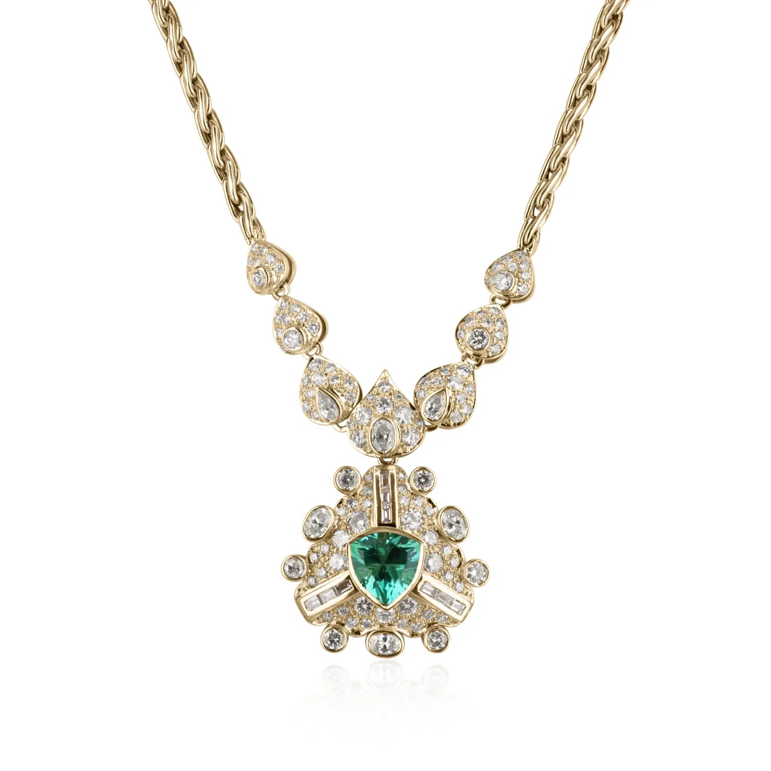 6.28tcw 18K Gold Vintage 1980s Colombian Emerald & Diamond Necklace - AAA+ Natural Trillion Cut Emerald Jewelry for Women | Perfect for Weddings, Anniversaries & Special Occasions