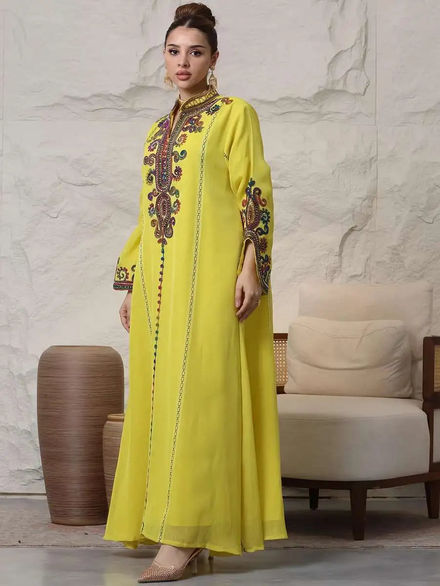 Elegant Rope Embroidery Eid Caftan Dress for Women - Middle Eastern Traditional Kaftan - Perfect for Eid Celebrations, Weddings & Special Occasions
