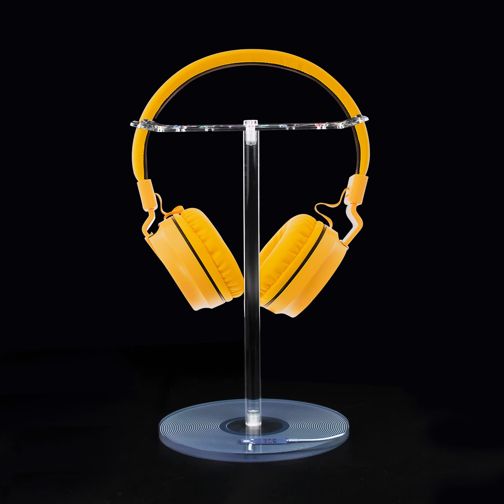 Acrylic Headphone Stand - Transparent Desktop Gaming Headset Holder with 2 Earphone Hooks (Black Record/LP Style) | Perfect for Desk Organization & Gaming Setup Accessories