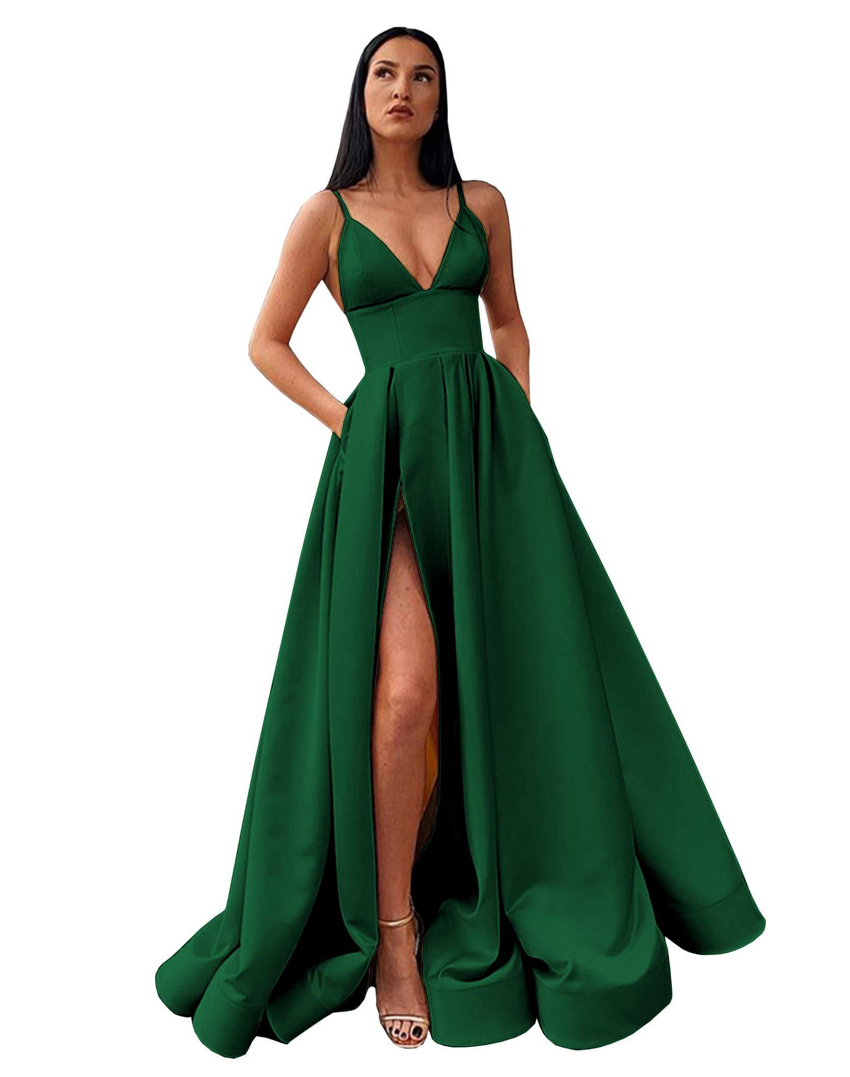 POMUYOO Women's Elegant V-Neck Satin Prom Dress - Long Ball Gown with Pockets & High Slit for Formal Evening Events, Weddings & Parties