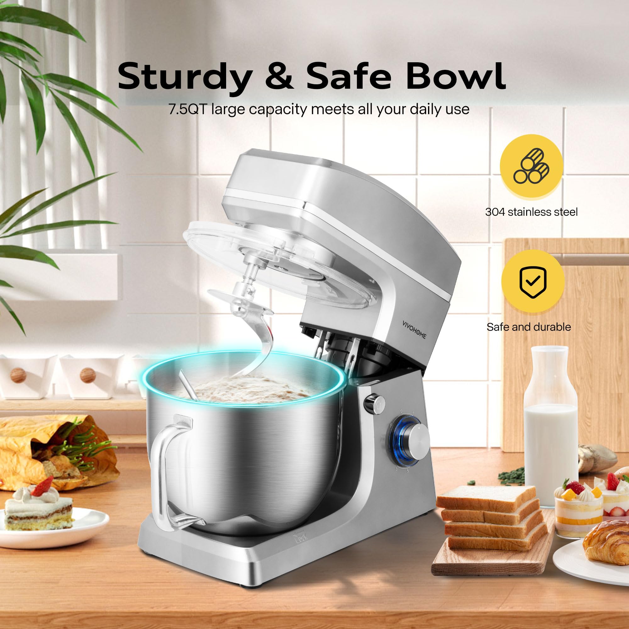 VIVOHOME 7.5 Quart 660W Stand Mixer - 6-Speed Tilt-Head Electric Kitchen Mixer with Beater, Dough Hook, Wire Whip & Egg Separator - Perfect for Baking Cakes, Cookies, Bread & More (Silver)