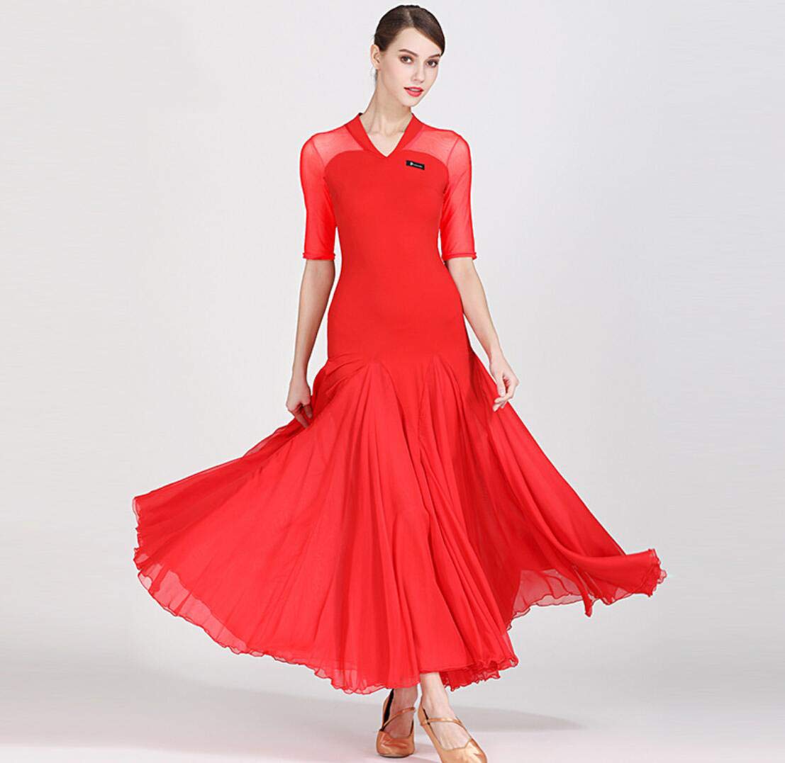 Elegant Women's Modern Dance Dress with Large Pendulum Skirt - Ballroom Competition Costume in Milk Silk & 40D Brocade Mesh | Perfect for Latin, Salsa & Professional Dance Performances