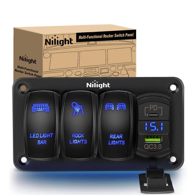 3 Gang LED Light Bar Rocker Switch Panel with Voltmeter - 5 Pin ON/Off Control for Off-Road Lights, Rear Lights & Rock Lights - Includes PD Type C & USB Charger - Perfect for Trucks, Jeeps, ATVs & Marine Applications