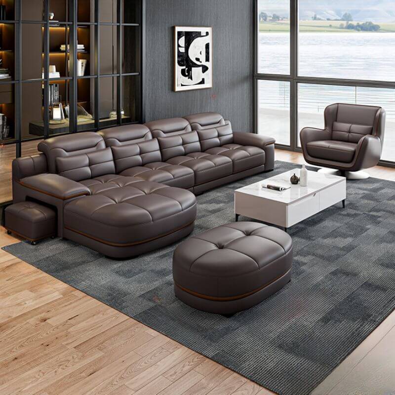 Premium L-Shaped Sectional Sofa with Chaise Lounge - 5-Piece Set, Left-Facing Round Arm, Soft Cocoa Fabric - Perfect for Living Room, Family Room & Home Theater