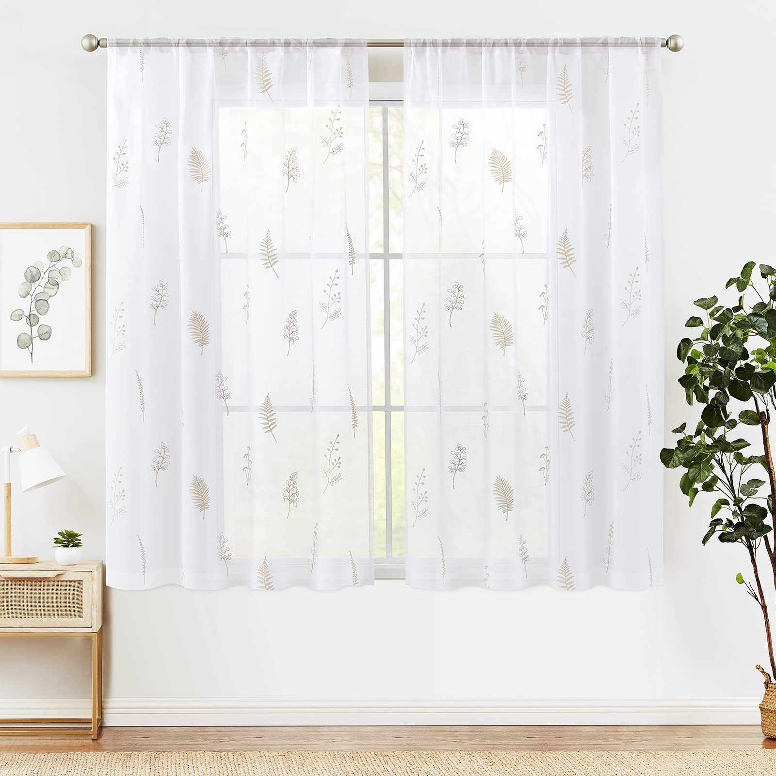 JINCHAN 63 Inch Sheer Embroidered Curtains - 2 Panels Leaf Pattern Voile Window Treatments for Living Room, Bedroom & Kitchen | Botanical Design with Rod Pocket Top | Taupe on White Sheer Curtains for Natural Light Filtering & Home Decor