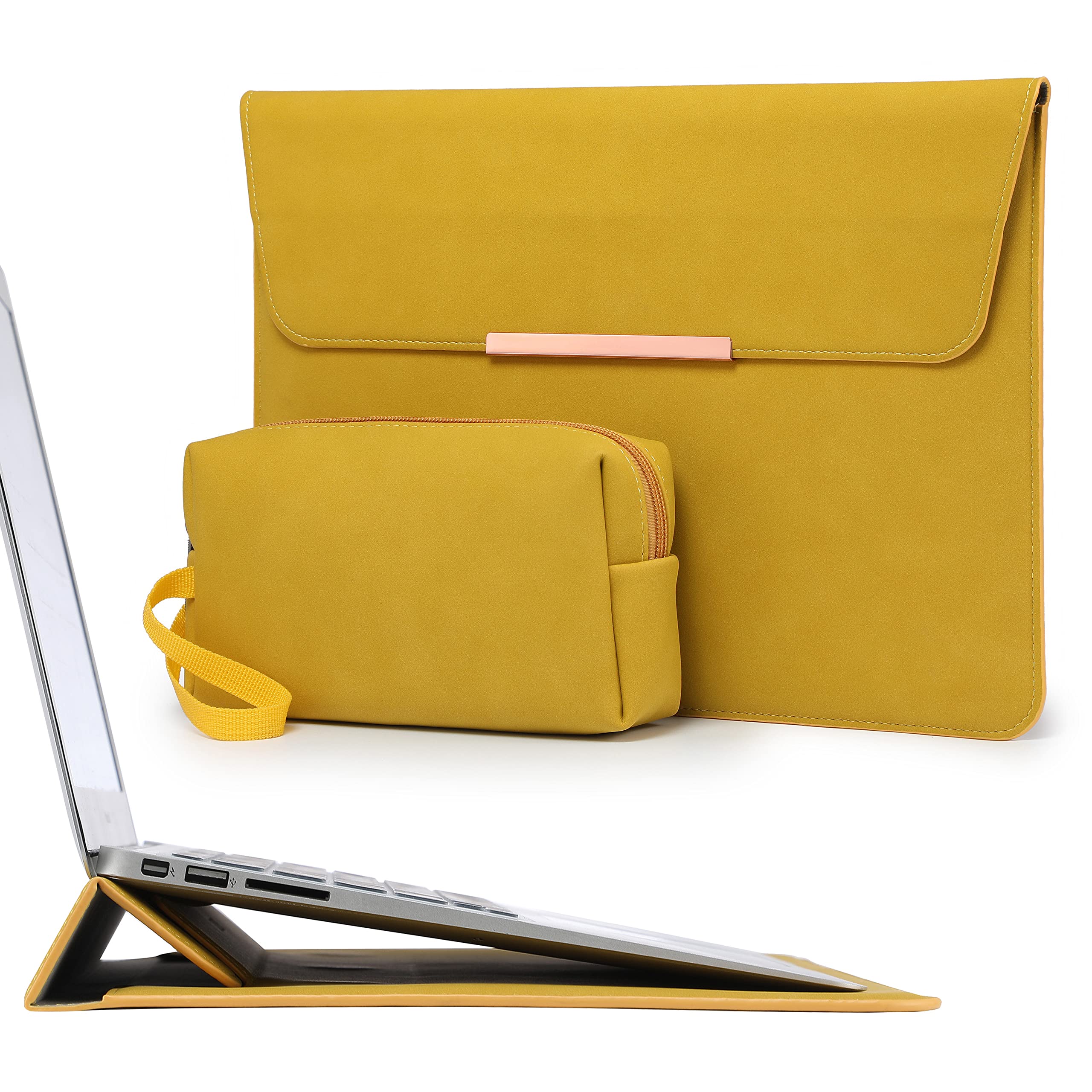 HYZUO 15-16 Inch Laptop Sleeve Case with Stand - Compatible with MacBook Pro 16 M1 Pro/Max A2485 A2141 2019-2022, MacBook Pro 15 2012-2019, Surface Laptop 15 - Protective Carrying Case with Accessory Bag (Olive Yellow) for Work, Travel & School