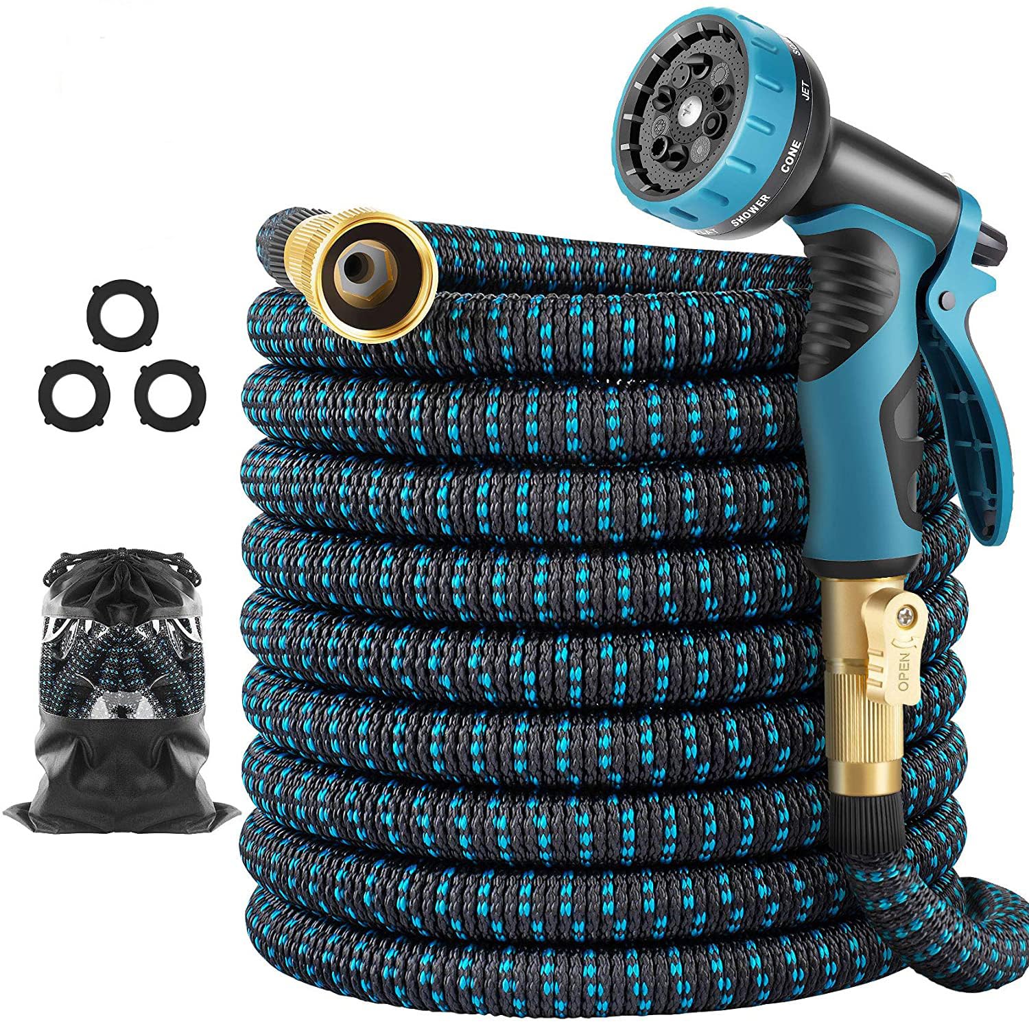 50 ft Expandable Garden Hose - Upgraded Flexible Water Hose with 10-Pattern Spray Nozzle, 3/4