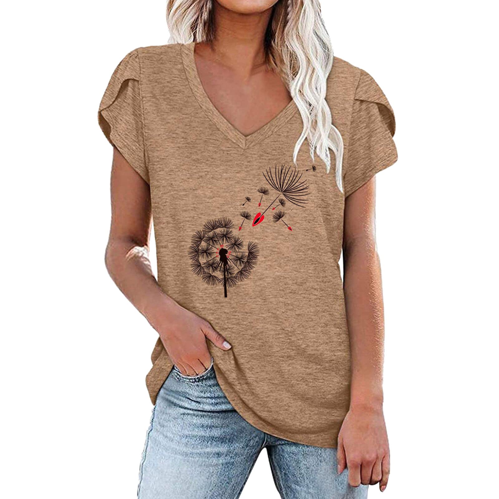 Women's Cotton Long Sleeve V-Neck Blouse with Floral Print & Elegant Petal Sleeves - Plus Size Tops for Work, Date Night & Casual Outfits