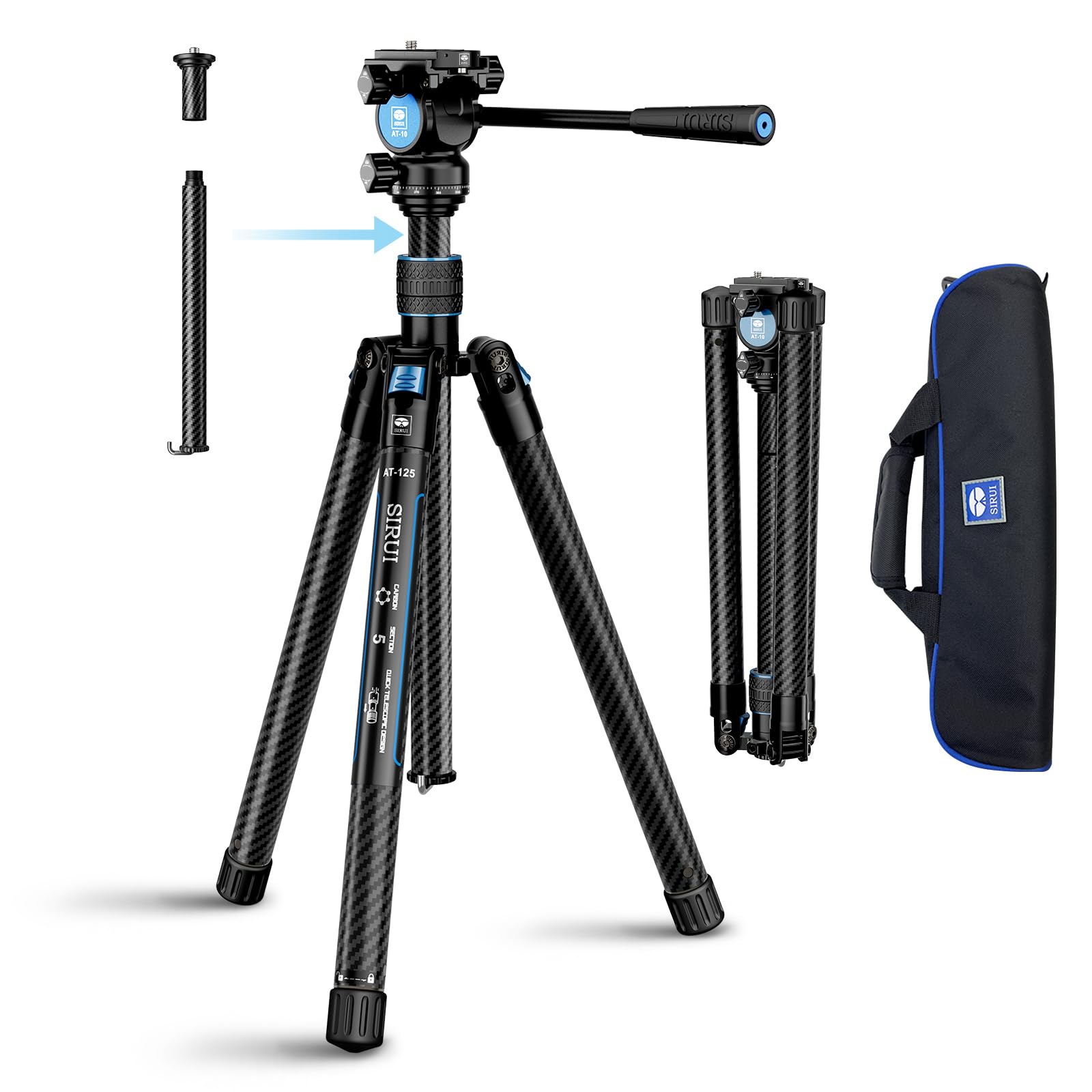 SIRUI Carbon Fiber Tripod - Lightweight 2lbs Travel Camera Tripod with Panoramic Fluid Head, Quick Release Legs, Reversible Center Column & Reverse Folding Design - 59.8