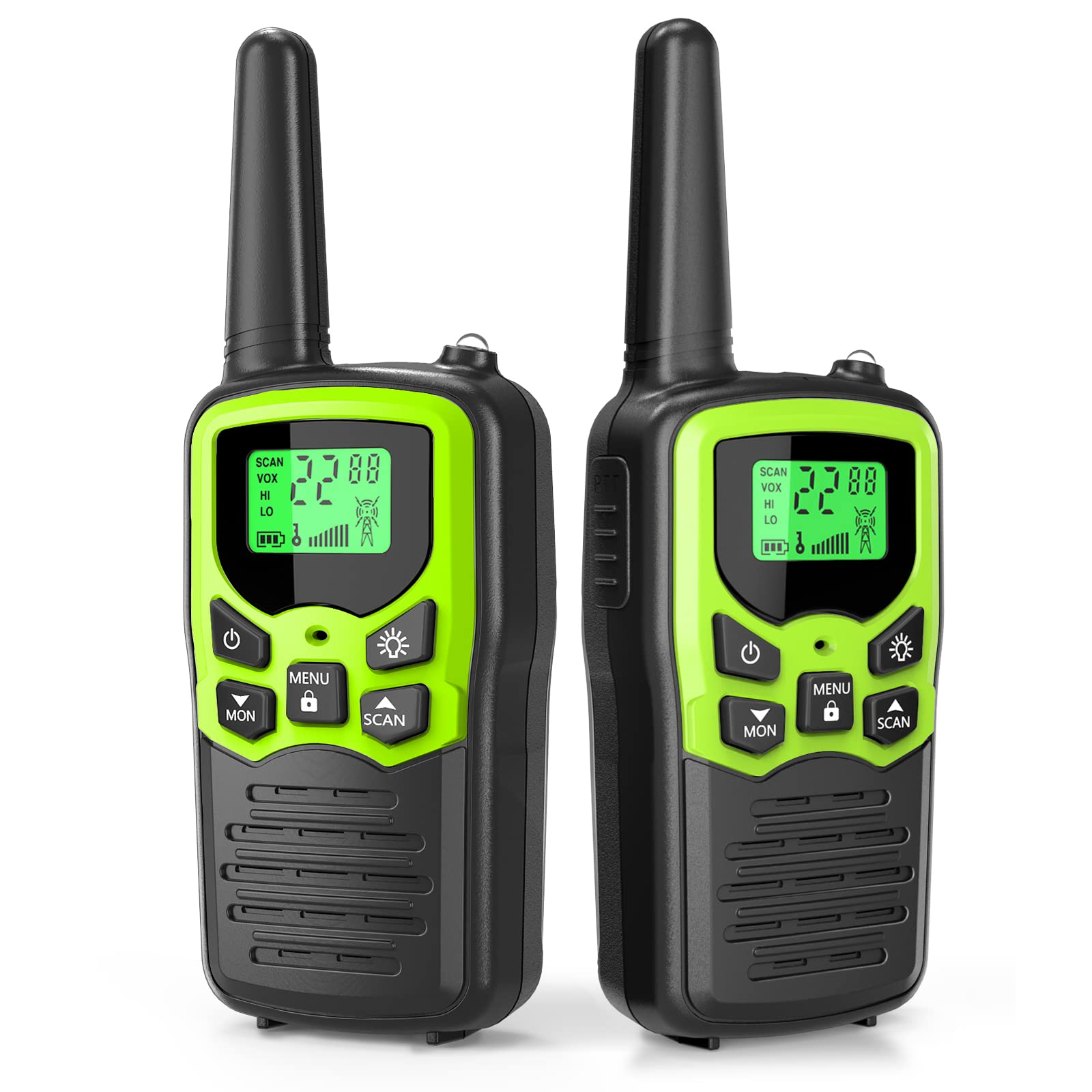 MOICO Long Range Walkie Talkies for Adults - 2 Pack Green Two-Way Radios with 22 FRS Channels, VOX Scan, LCD Display & LED Flashlight - Perfect for Field Communication, Survival Gear, Biking, Hiking and Camping Adventures