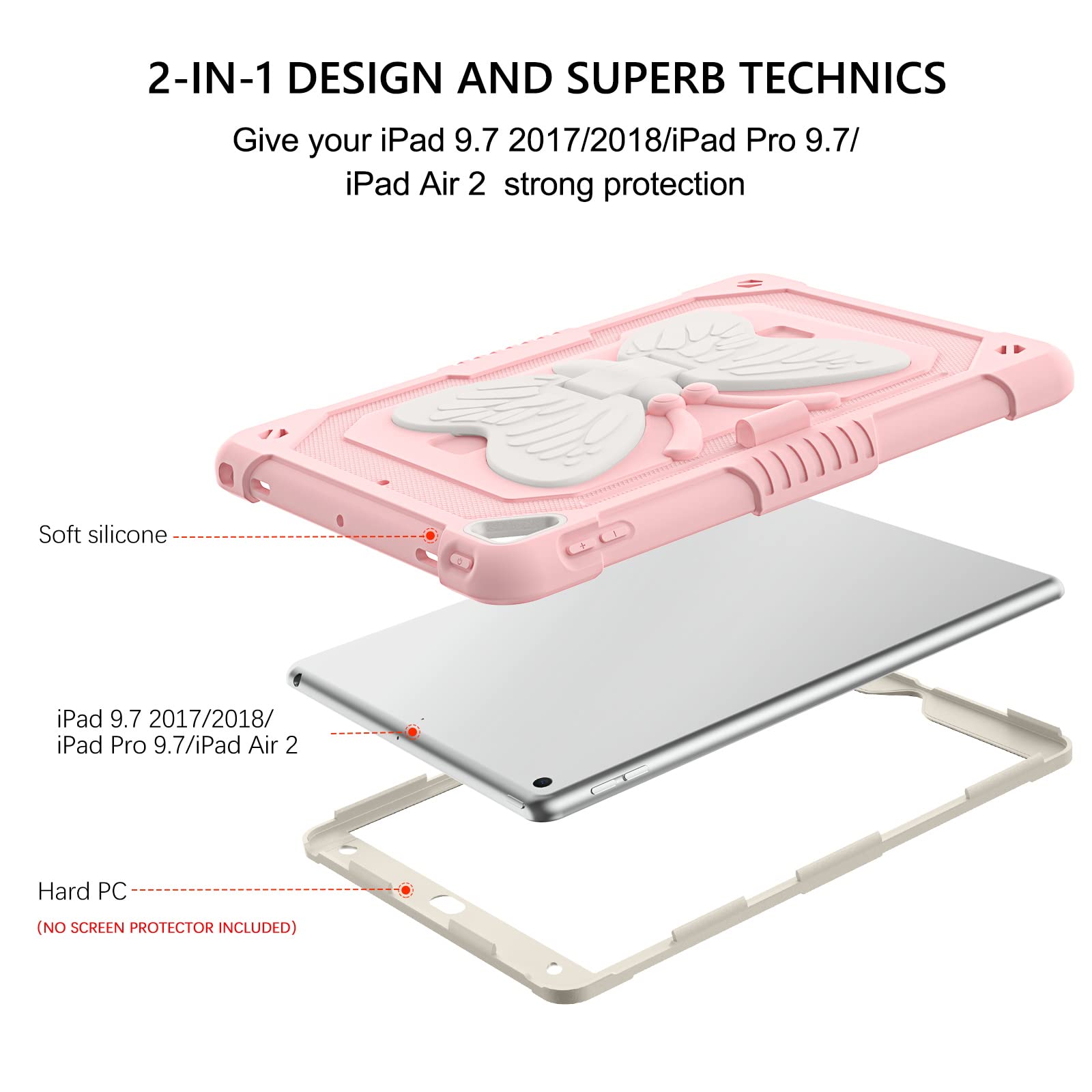 GUAGUA 2 in 1 Shockproof iPad Case with Kickstand - Rugged Protective Cover with Pen Holder for iPad 6/5/Air 2/9.7/Pro 9.7 - Anti-Scratch, Durable Design in Pink/Beige - Perfect for Travel, Work & School Use