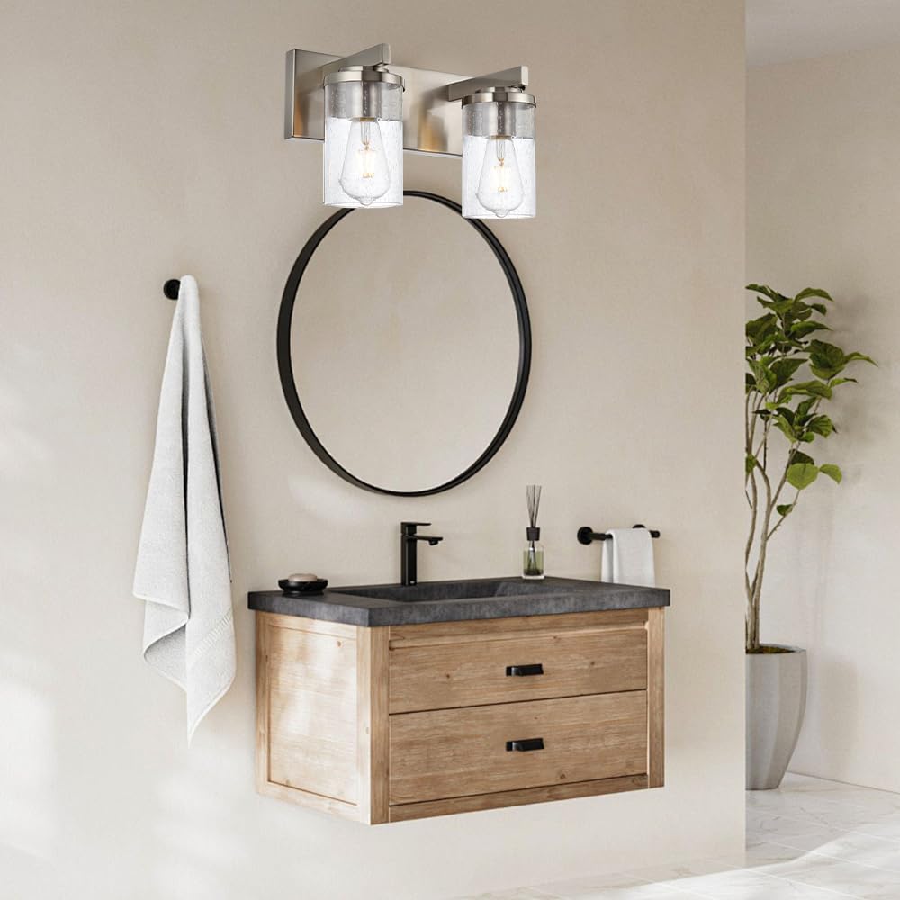 BONLICHT 2-Light Brushed Nickel Wall Sconce with Clear Glass Shade - Modern Industrial Vanity Lighting for Bathroom Mirror, Porch, Entryway & Staircase - Perfect for Home Decor and Ambient Lighting