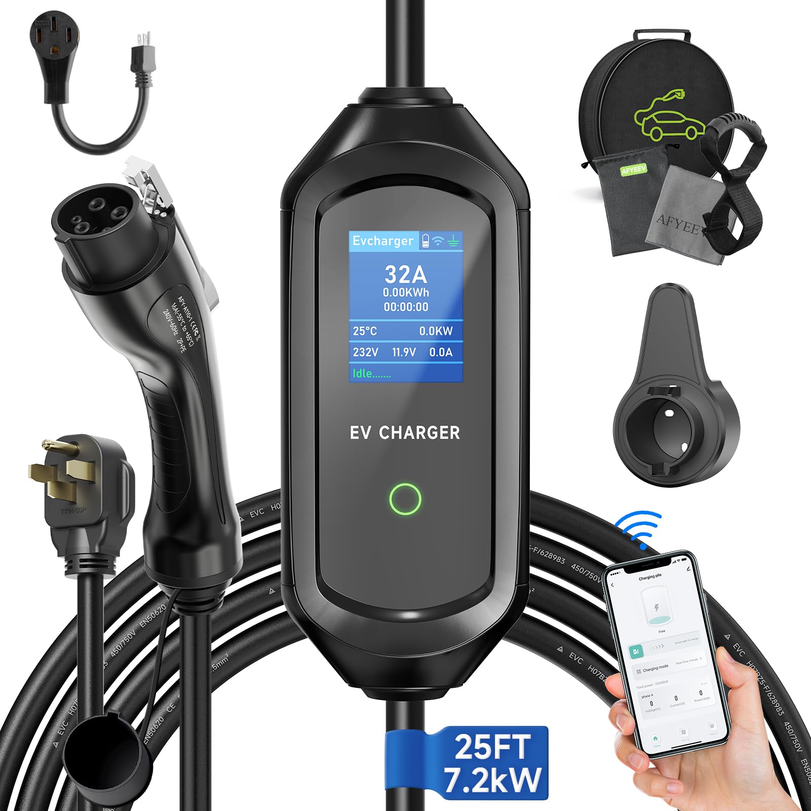 Level 2 EV Charger 32Amp 7.2kW 110V-240V with WiFi & 25FT Cable | Portable Electric Vehicle Charging Station with NEMA 14-50 Plug & 5-15 Adapter | Perfect for Home, Garage & Road Trip Charging