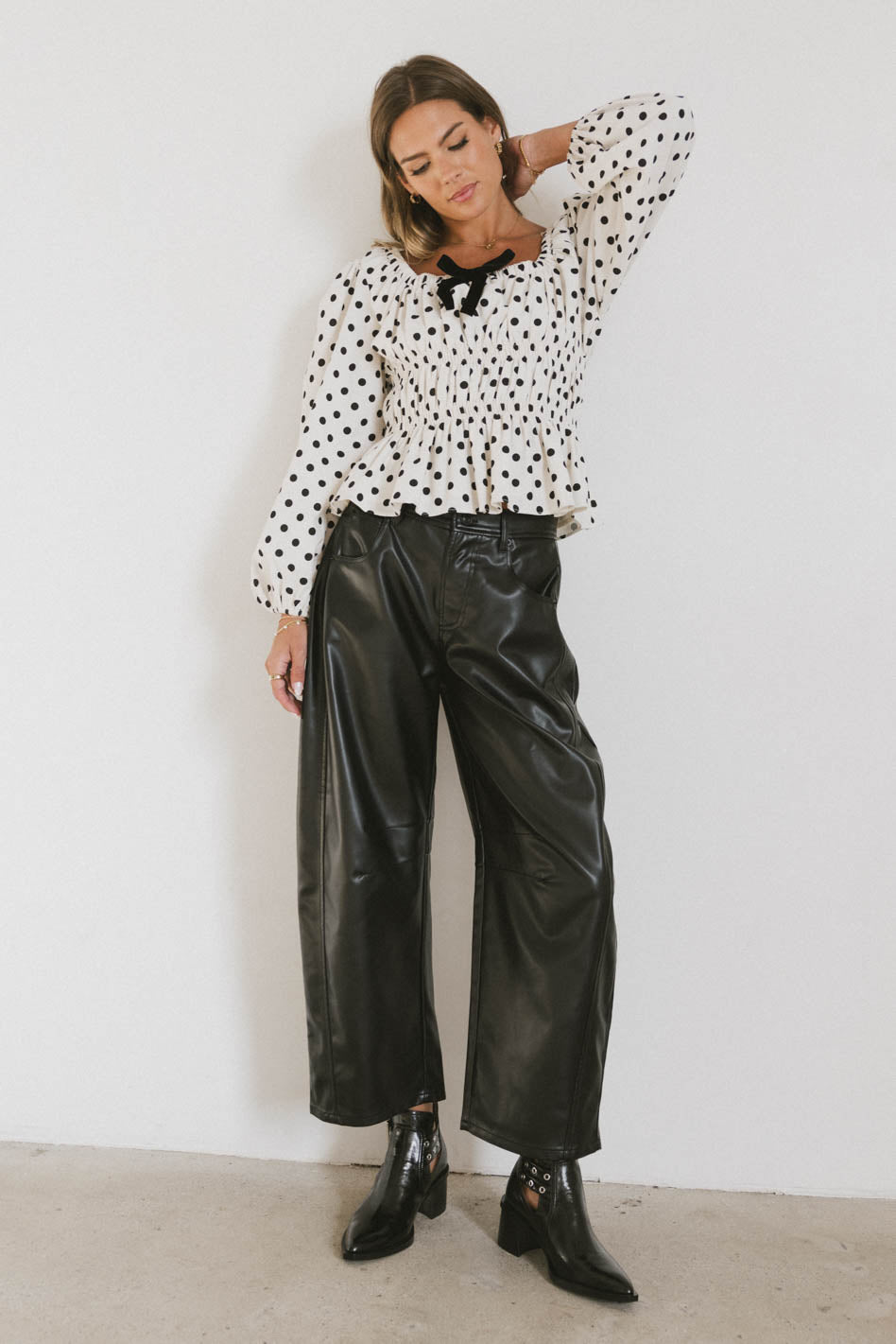 Langston Vegan Leather Barrel Jeans for Women - Black Faux Leather High Waist Pants, Stretch Comfort Fit, Trendy Vegan Fashion   Perfect for Casual Outings, Date Nights, and Office Wear